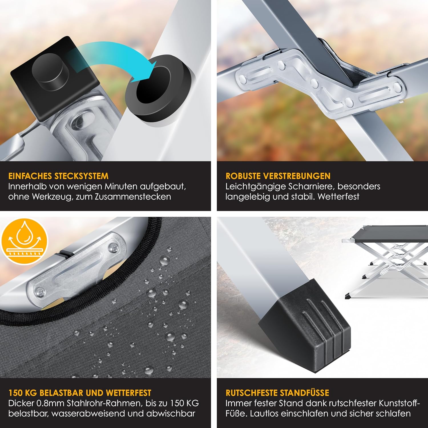 KESSER® Campingbett Klappbett Inkl.Tragetasche, Campinglicht und Seitentasche in 190cm oder 210cm Stabiles Feldbett 150 kg Belastbar Metallrohr 600D Oxfordgewebe Tragbar Liege Reise Bequem — Ansicht 3