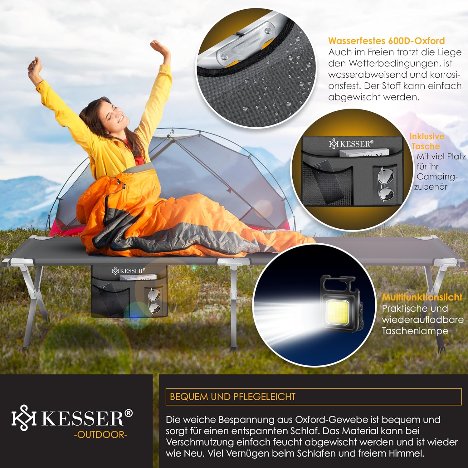KESSER® Campingbett Klappbett Inkl.Tragetasche, Campinglicht und Seitentasche in 190cm oder 210cm Stabiles Feldbett 150 kg Belastbar Metallrohr 600D Oxfordgewebe Tragbar Liege Reise Bequem — Ansicht 5
