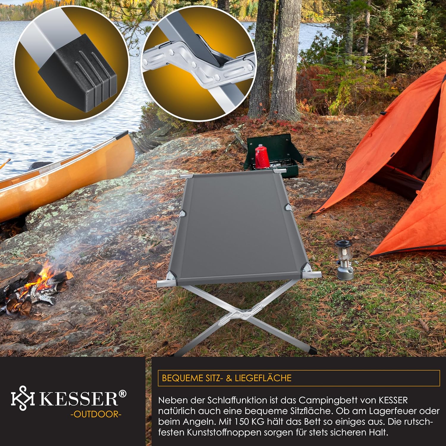 KESSER® Campingbett Klappbett Inkl.Tragetasche, Campinglicht und Seitentasche in 190cm oder 210cm Stabiles Feldbett 150 kg Belastbar Metallrohr 600D Oxfordgewebe Tragbar Liege Reise Bequem — Ansicht 6
