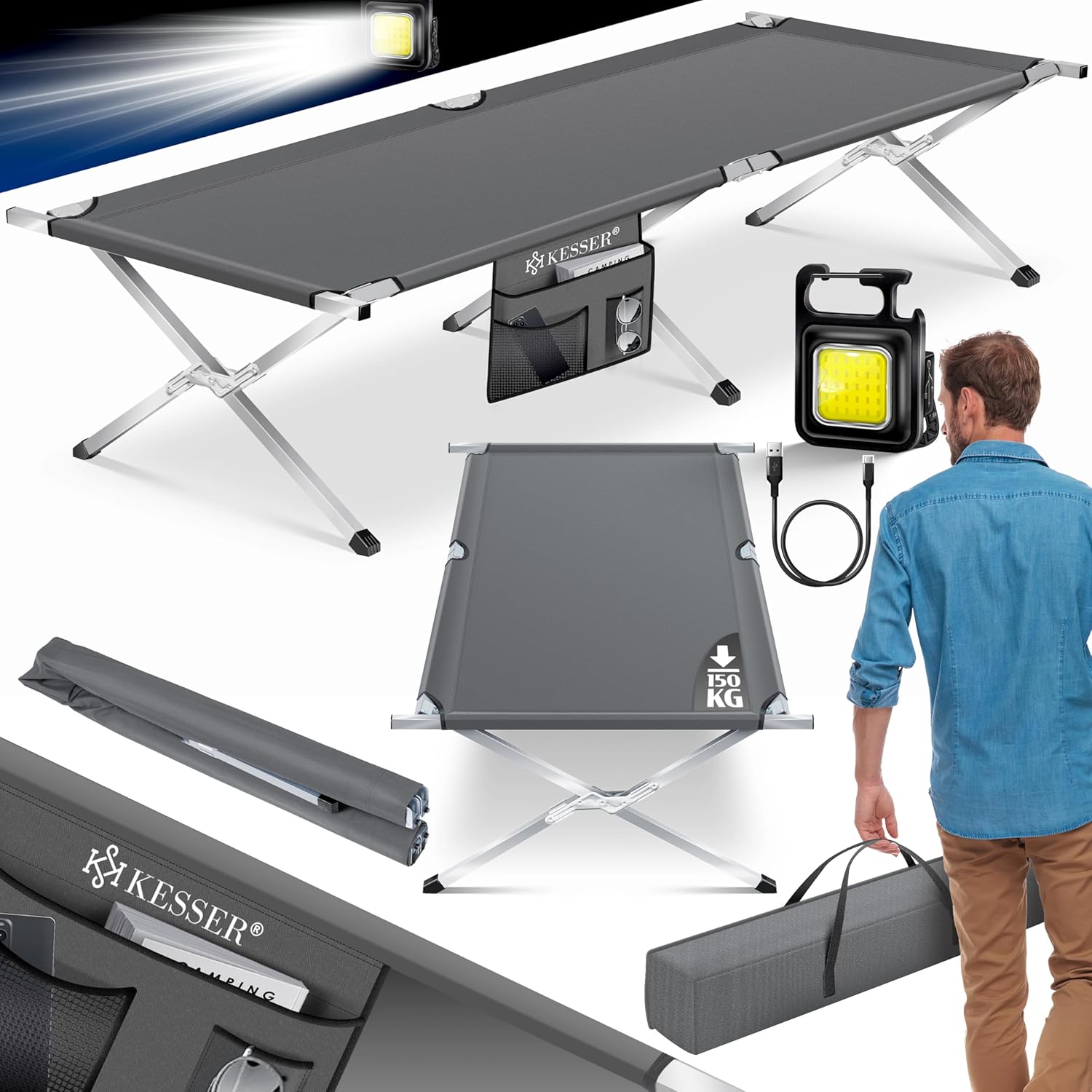 KESSER® Campingbett Klappbett Inkl.Tragetasche, Campinglicht und Seitentasche in 190cm oder 210cm Stabiles Feldbett 150 kg Belastbar Metallrohr 600D Oxfordgewebe Tragbar Liege Reise Bequem