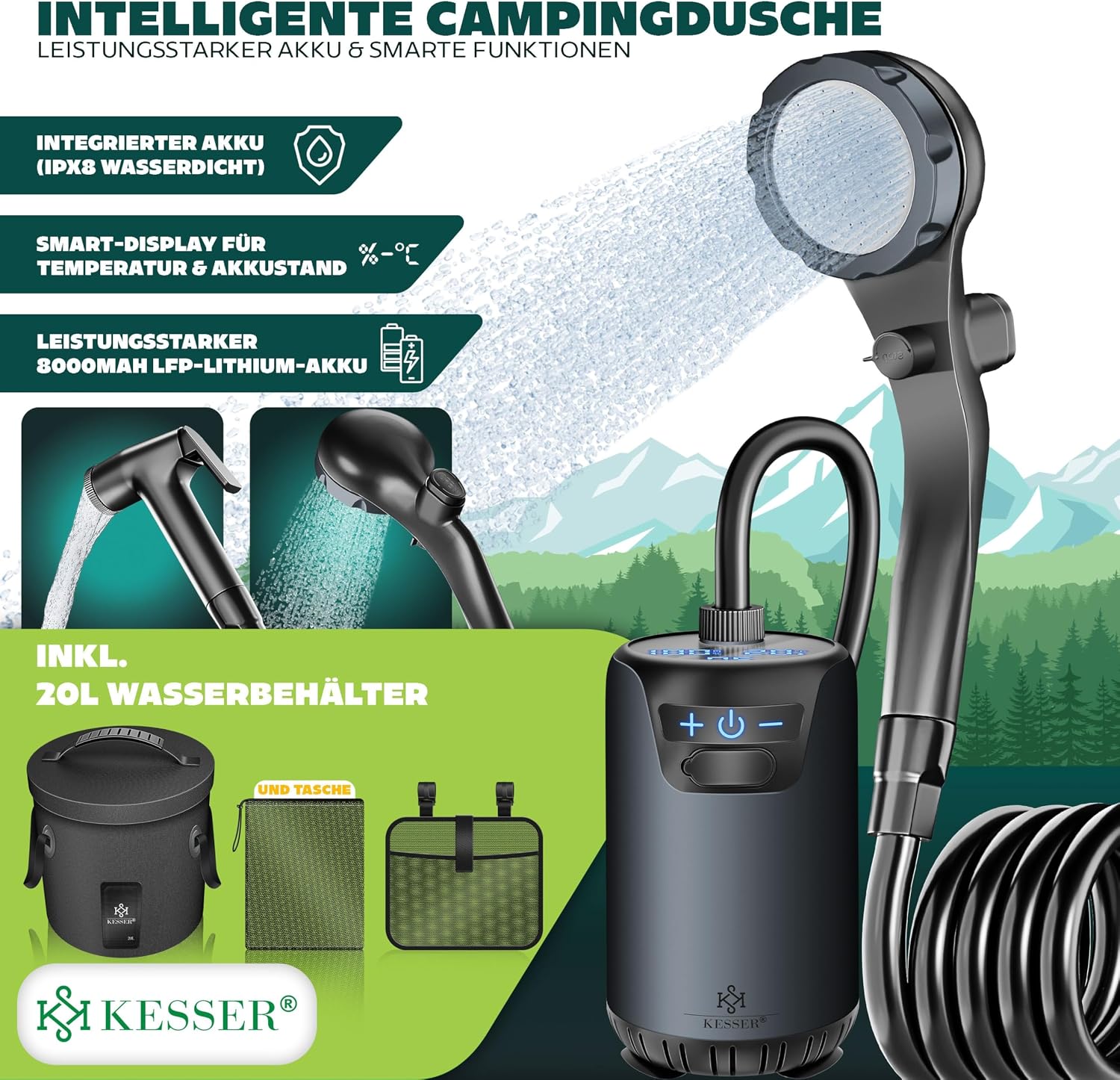 KESSER® Campingdusche Solardusche mit Pumpe & wiederaufladbarem Akku 8000mAh Mobile Dusche | Camping Dusche Set inkl. einstellbarem Duschkopf, 2m Schlauch, Sprühpistole & Halterung — Ansicht 2