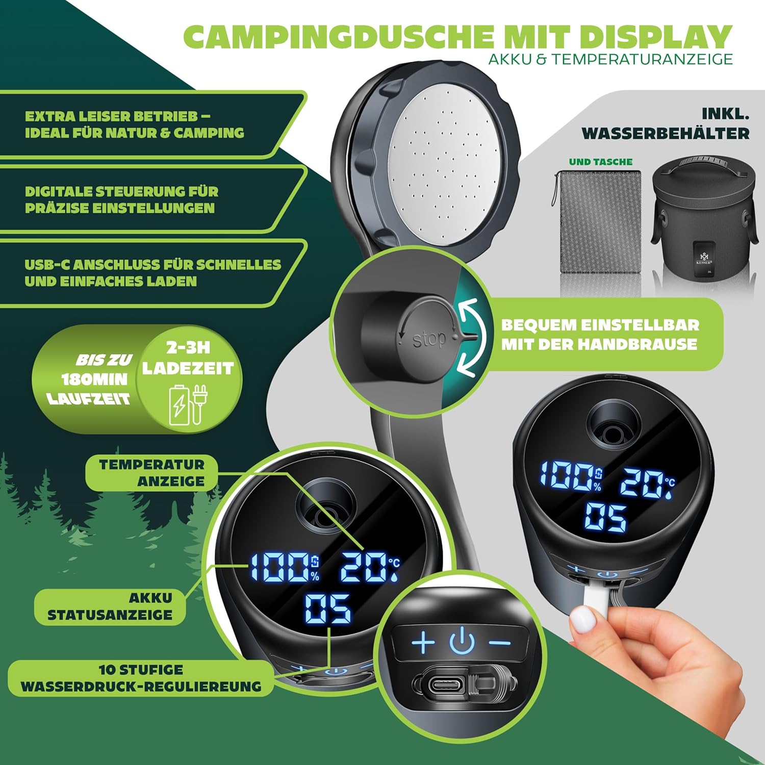 KESSER® Campingdusche Solardusche mit Pumpe & wiederaufladbarem Akku 8000mAh Mobile Dusche | Camping Dusche Set inkl. einstellbarem Duschkopf, 2m Schlauch, Sprühpistole & Halterung — Ansicht 3