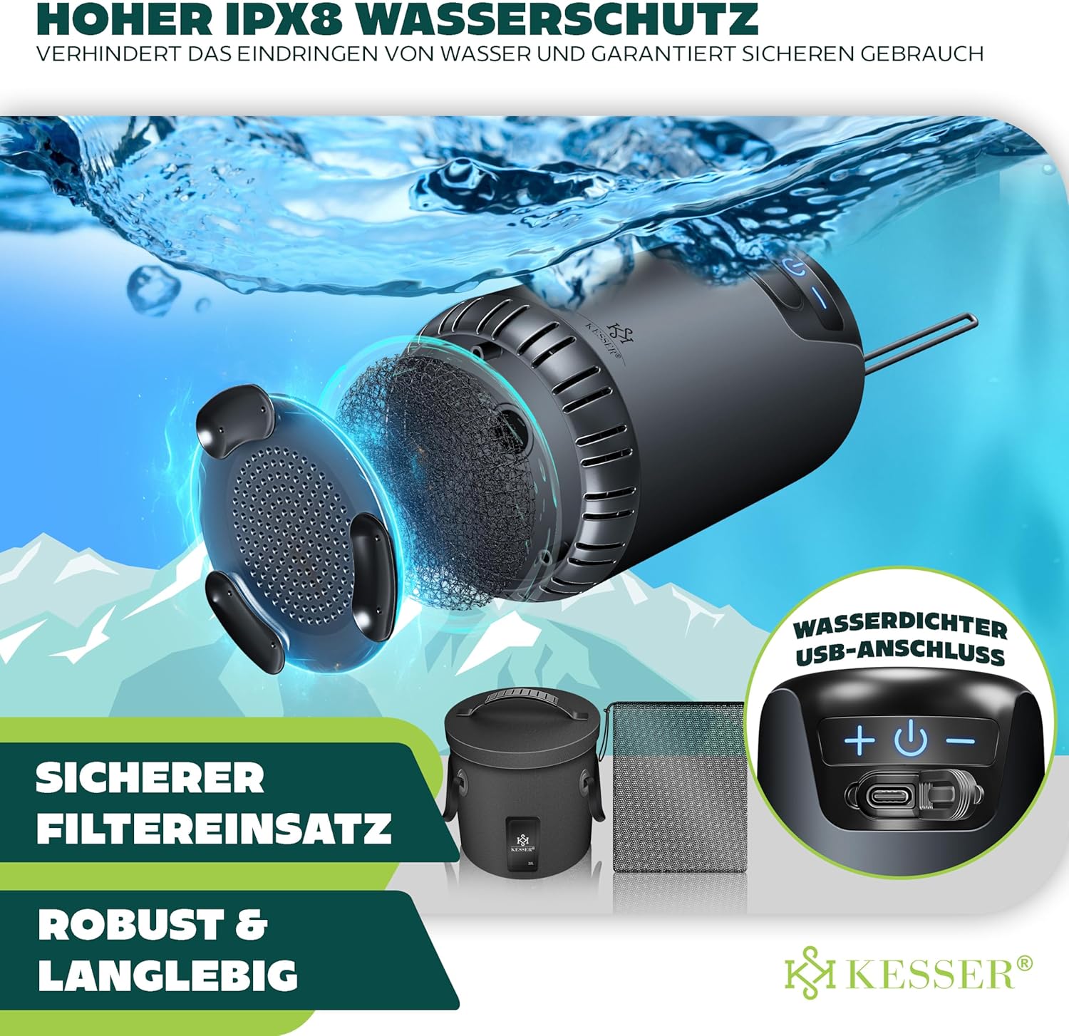 KESSER® Campingdusche Solardusche mit Pumpe & wiederaufladbarem Akku 8000mAh Mobile Dusche | Camping Dusche Set inkl. einstellbarem Duschkopf, 2m Schlauch, Sprühpistole & Halterung — Ansicht 4