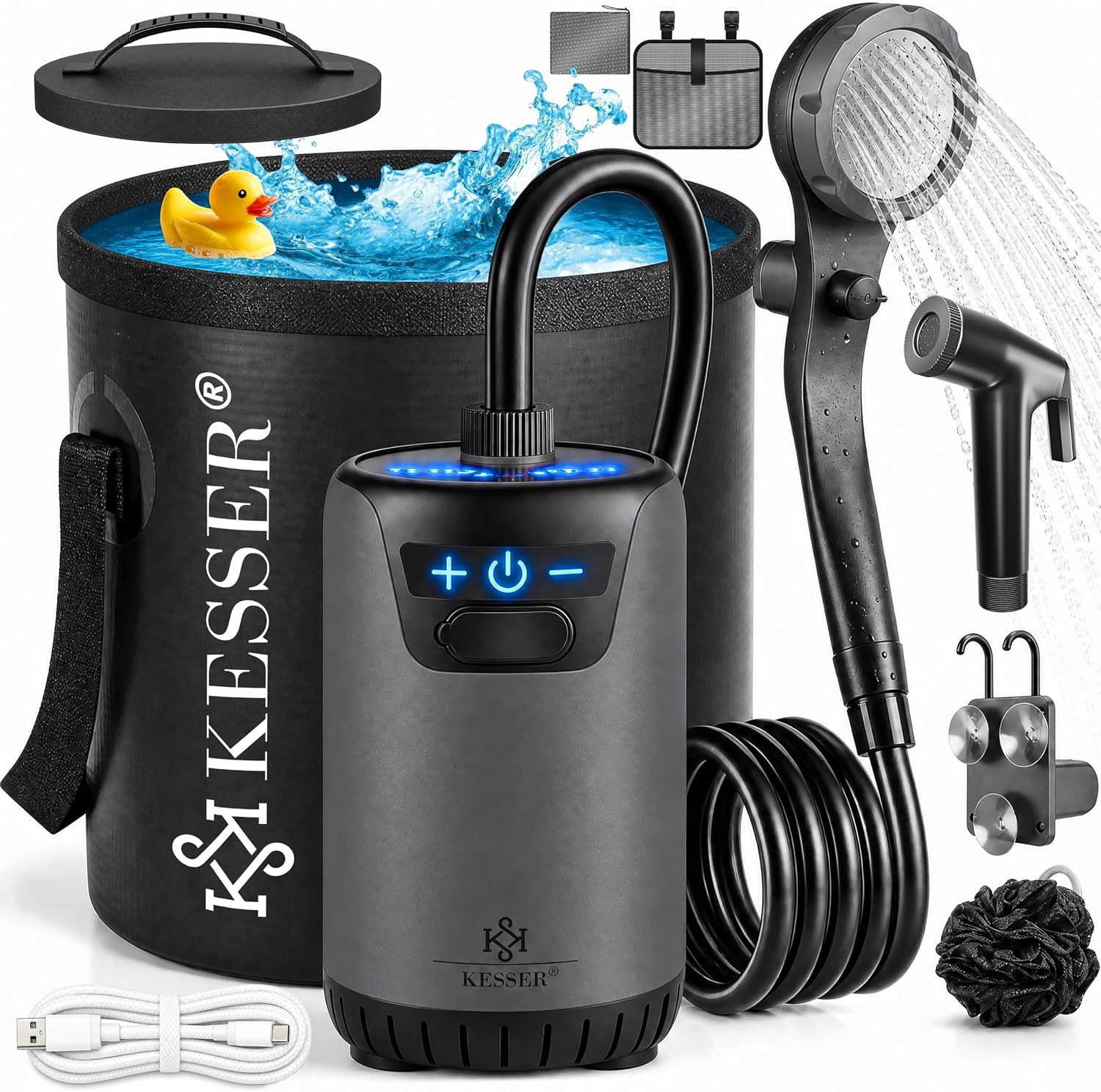 KESSER® Campingdusche Solardusche mit Pumpe & wiederaufladbarem Akku 8000mAh Mobile Dusche | Camping Dusche Set inkl. einstellbarem Duschkopf, 2m Schlauch, Sprühpistole & Halterung