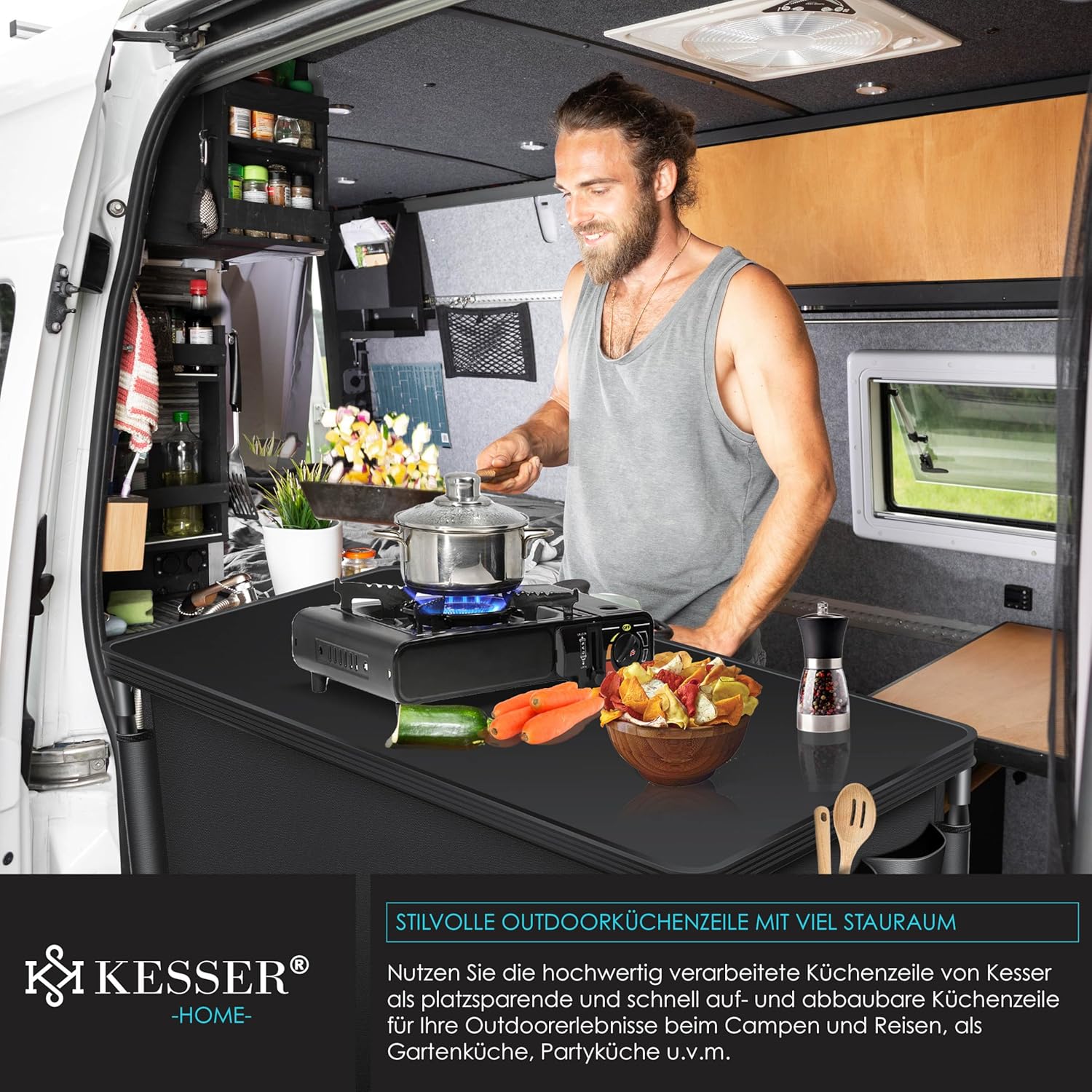 KESSER® Campingküche | Inkl. Tragetasche | Campingschrank Faltschrank | mit Aluminiumgestell | Reiseküche | Küchenbox | Zeltschrank | Outdoor Camping Küche | Schwarz/Schwarz | Typ F6 — Ansicht 3