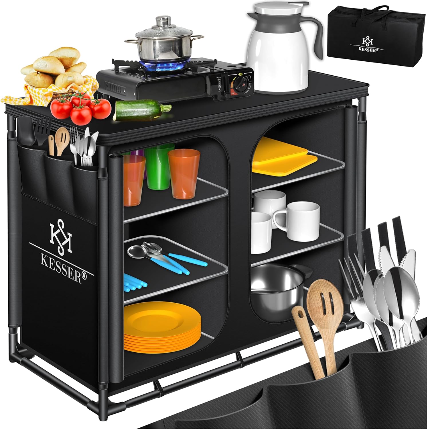 KESSER® Campingküche | Inkl. Tragetasche | Campingschrank Faltschrank | mit Aluminiumgestell | Reiseküche | Küchenbox | Zeltschrank | Outdoor Camping Küche | Schwarz/Schwarz | Typ F6