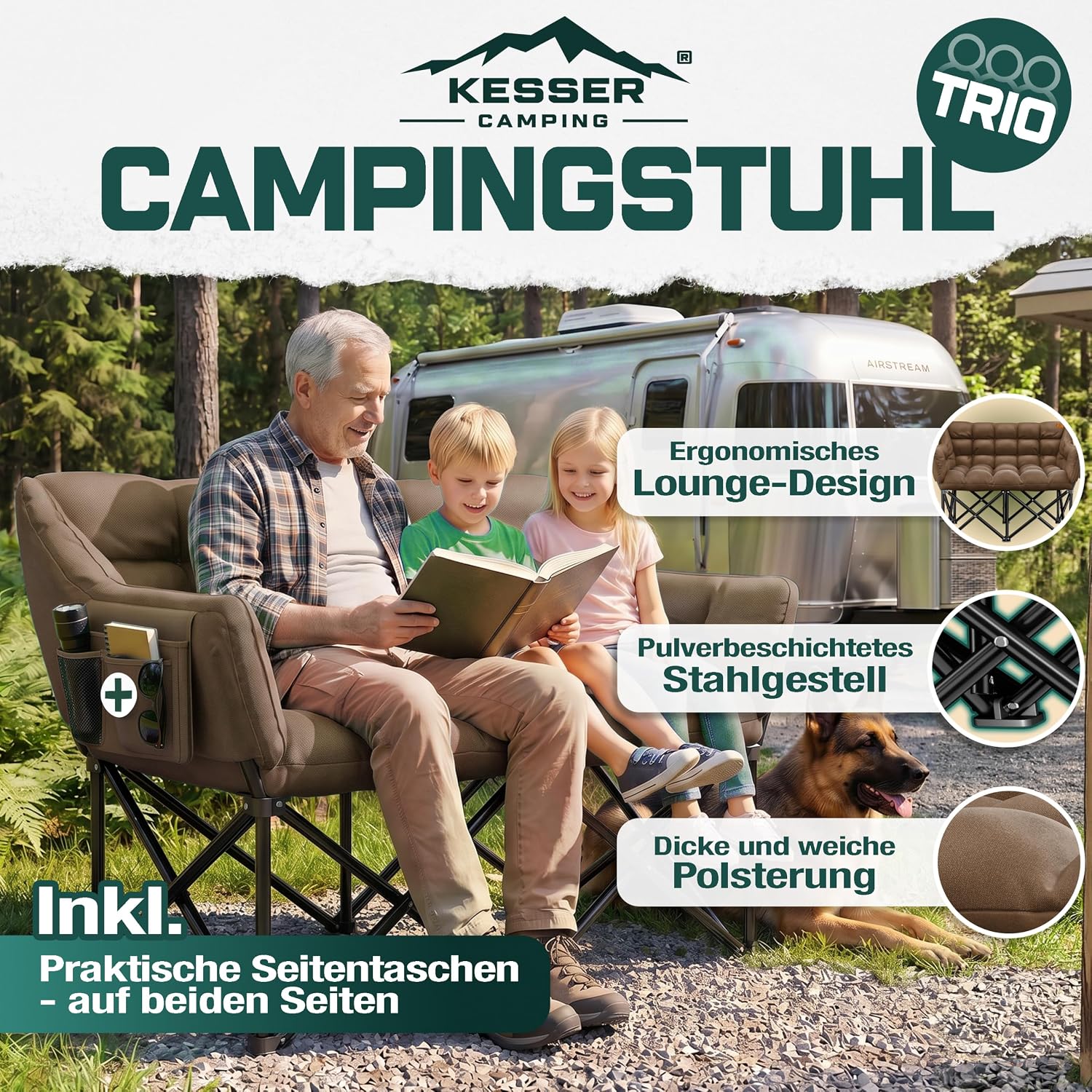 KESSER® Campingsofa faltbar 3 Personen - 400 kg, Campingcouch breit, gepolstert mit Seitentaschen & Tasche, Faltsofa Trio, Campingstuhl Indoor & Outdoor, Camping, Festival, Angeln & Garten – Braun — Ansicht 2