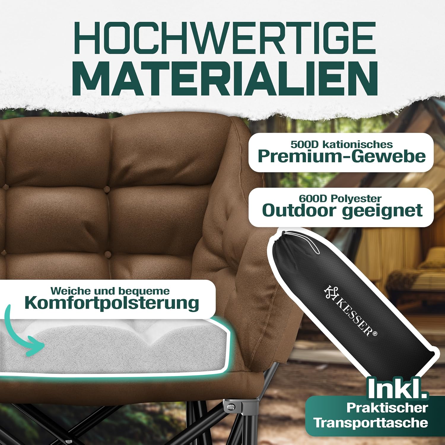 KESSER® Campingsofa faltbar 3 Personen - 400 kg, Campingcouch breit, gepolstert mit Seitentaschen & Tasche, Faltsofa Trio, Campingstuhl Indoor & Outdoor, Camping, Festival, Angeln & Garten – Braun — Ansicht 3