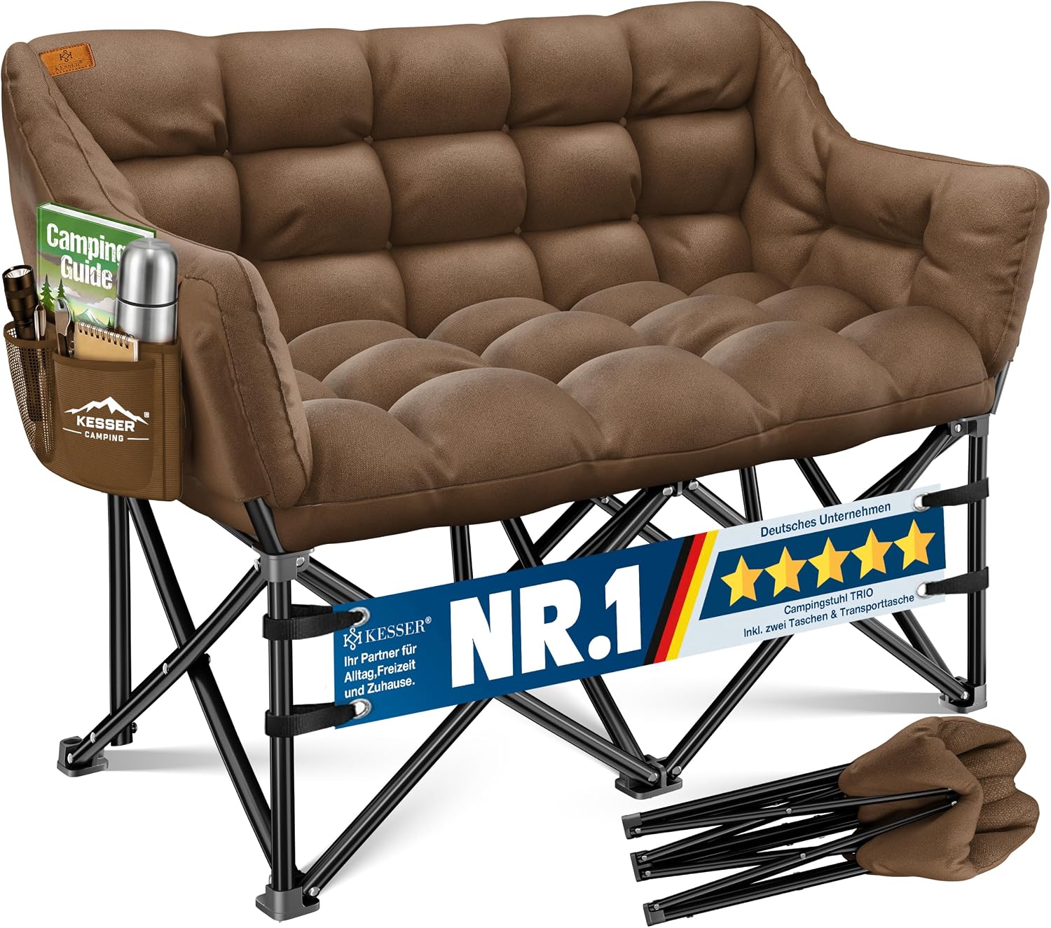 KESSER® Campingsofa faltbar 3 Personen - 400 kg, Campingcouch breit, gepolstert mit Seitentaschen & Tasche, Faltsofa Trio, Campingstuhl Indoor & Outdoor, Camping, Festival, Angeln & Garten – Braun