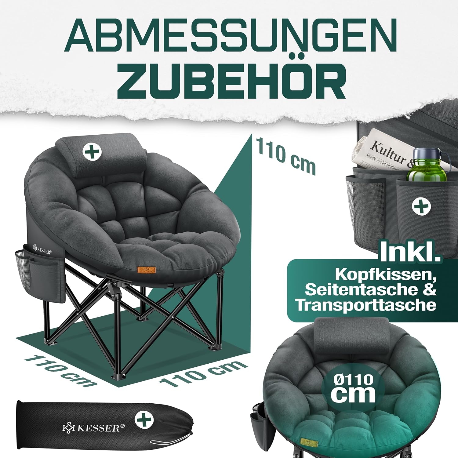 KESSER® Campingstuhl Chillexer faltbar 150 Kg Klappstuhl Ultraleicht und breit, Dickes Polster mit bequemen Kissen und Seitentasche, Cover, Outdoor + Indoor - rund, Camping, Angeln, Festival, Strand — Ansicht 2