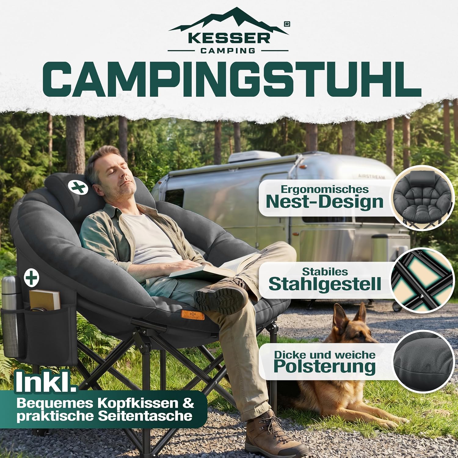 KESSER® Campingstuhl Chillexer faltbar 150 Kg Klappstuhl Ultraleicht und breit, Dickes Polster mit bequemen Kissen und Seitentasche, Cover, Outdoor + Indoor - rund, Camping, Angeln, Festival, Strand — Ansicht 3
