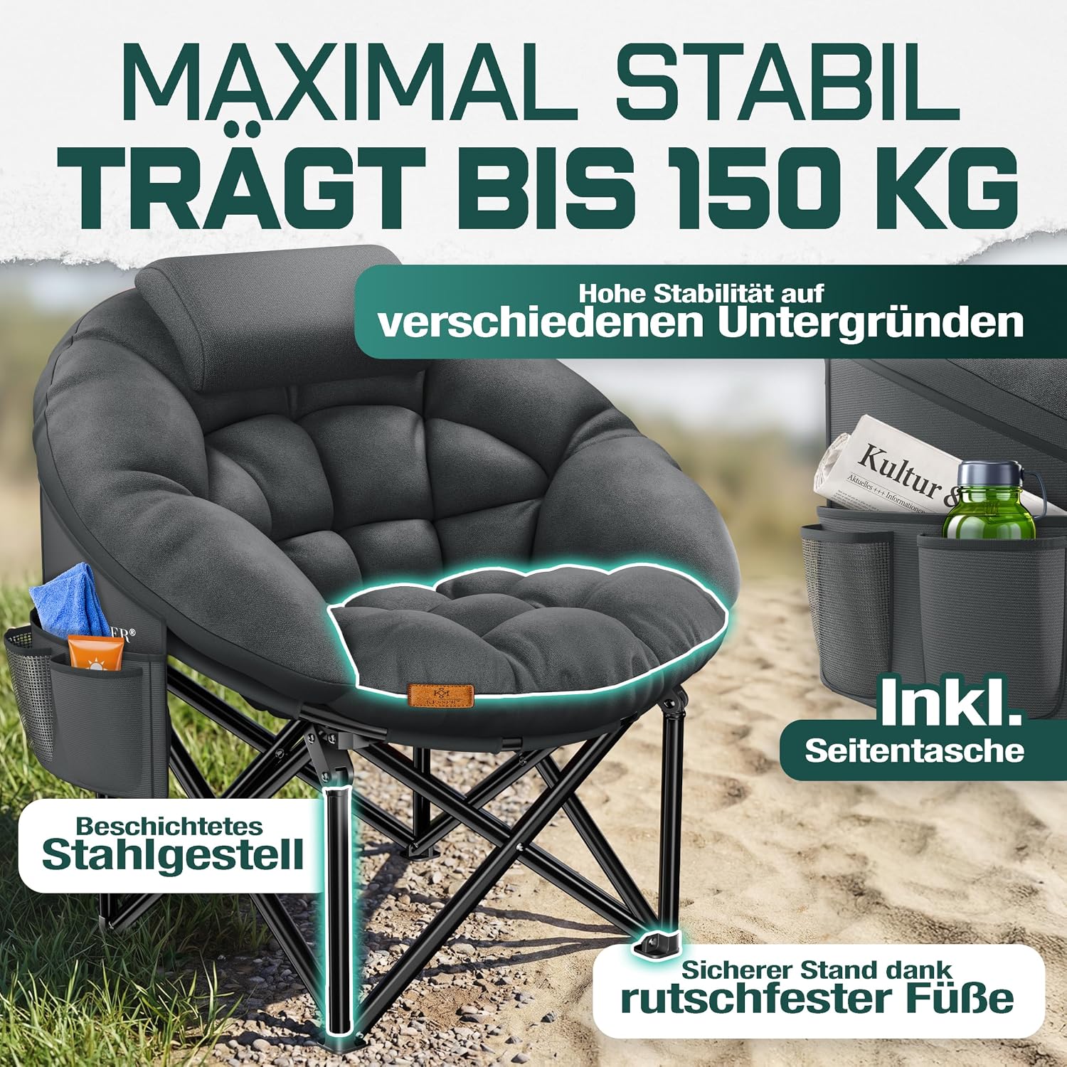 KESSER® Campingstuhl Chillexer faltbar 150 Kg Klappstuhl Ultraleicht und breit, Dickes Polster mit bequemen Kissen und Seitentasche, Cover, Outdoor + Indoor - rund, Camping, Angeln, Festival, Strand — Ansicht 6