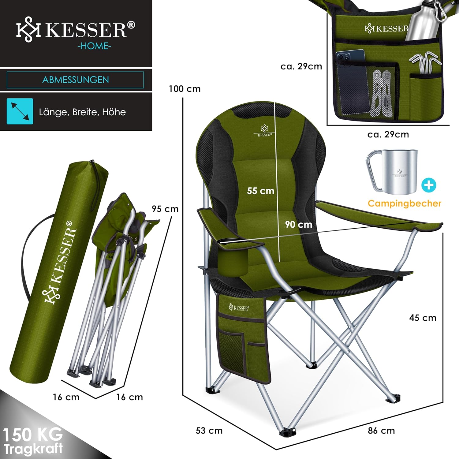 KESSER® Campingstuhl faltbar bis 150 kg Angelstuhl Faltstuhl Klappstuhl Gepolstert mit Armlehnen und Getränkehalter + Tasche mit hoher Rückenlehne, Strandstuhl, Klapphocker — Ansicht 2