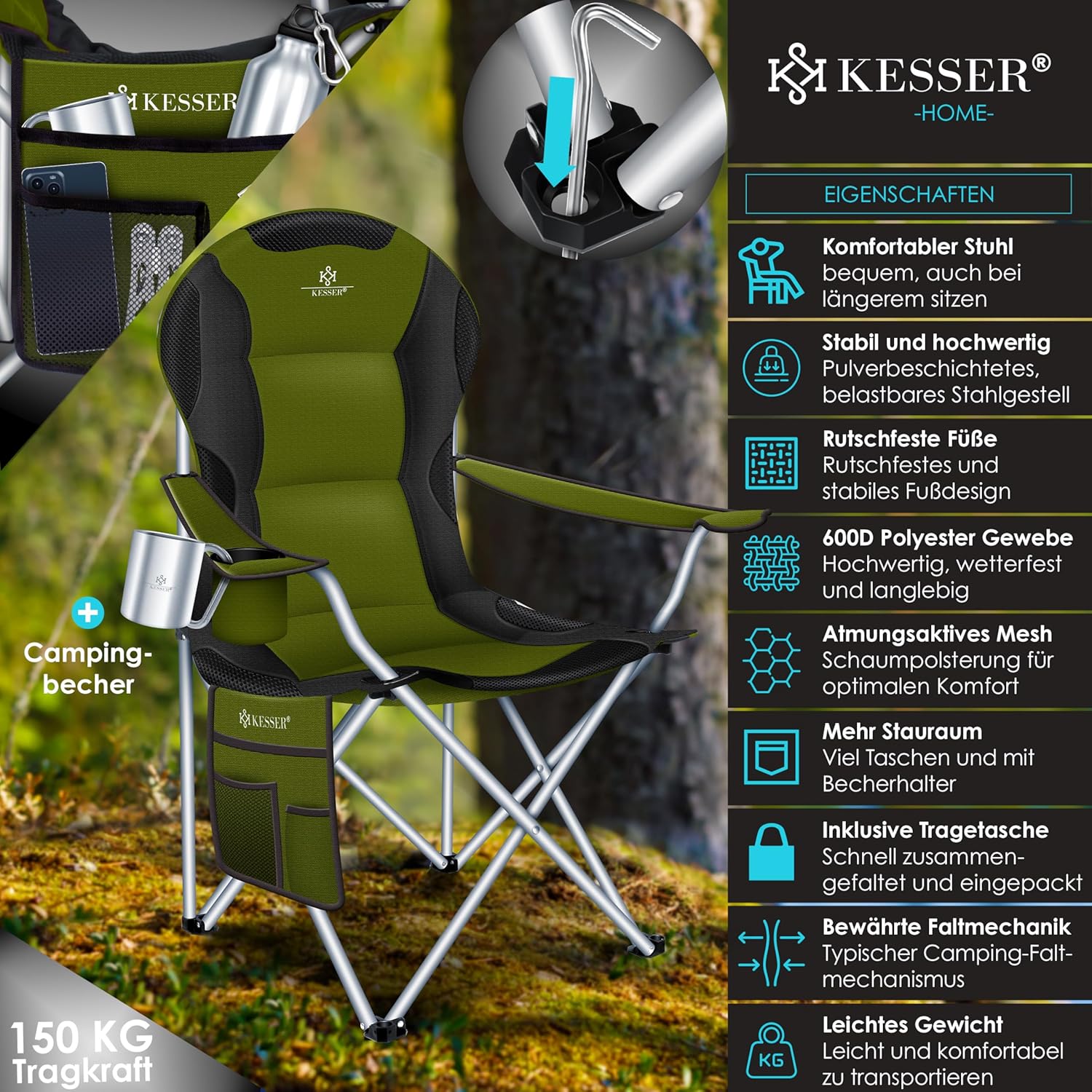 KESSER® Campingstuhl faltbar bis 150 kg Angelstuhl Faltstuhl Klappstuhl Gepolstert mit Armlehnen und Getränkehalter + Tasche mit hoher Rückenlehne, Strandstuhl, Klapphocker — Ansicht 3
