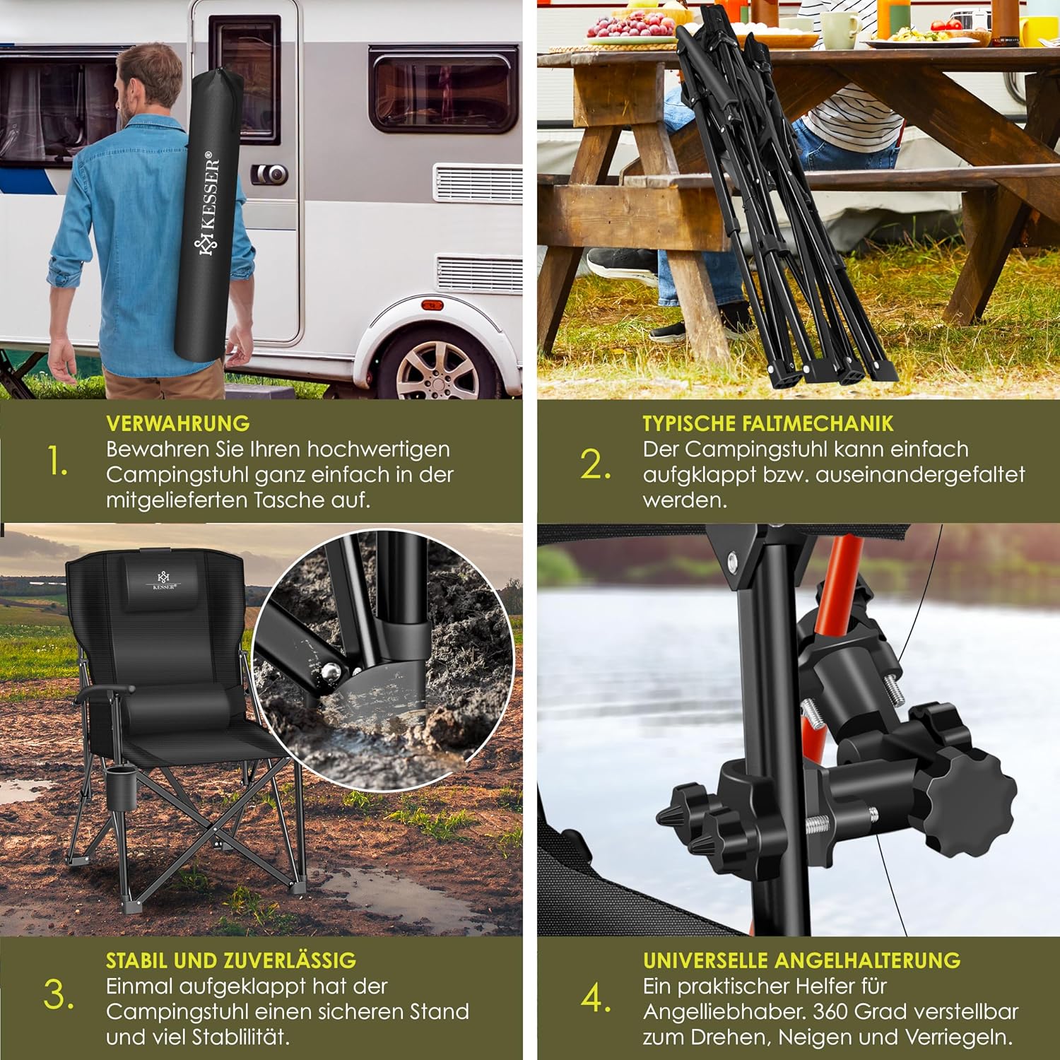 KESSER® Campingstuhl faltbar bis 160 kg | Angelstuhl Faltstuhl Klappstuhl Gepolstert mit Armlehnen | Campinglicht und Getränkehalter + Tasche mit hoher Rückenlehne | Strandstuhl mit Angelhalterung — Ansicht 4