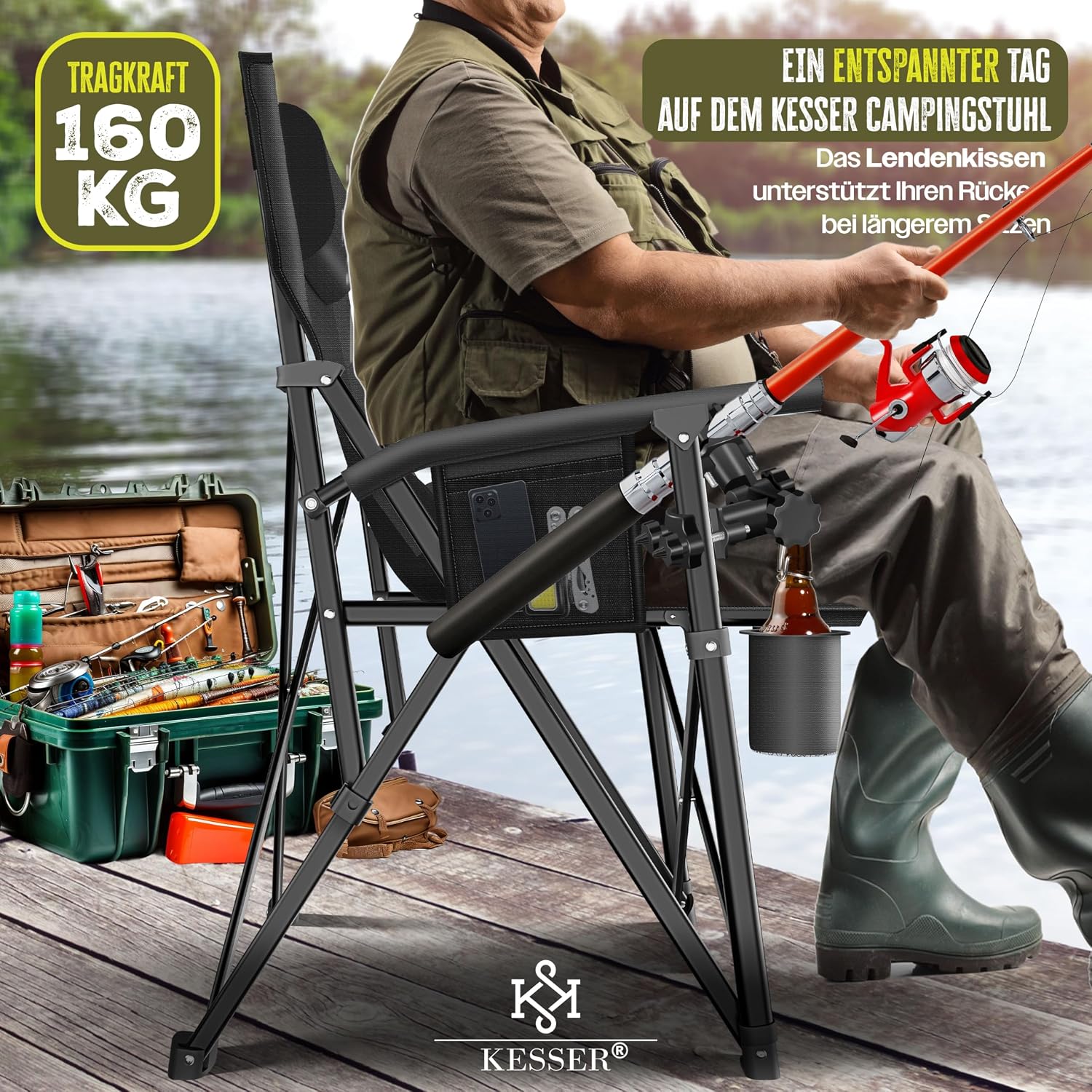 KESSER® Campingstuhl faltbar bis 160 kg | Angelstuhl Faltstuhl Klappstuhl Gepolstert mit Armlehnen | Campinglicht und Getränkehalter + Tasche mit hoher Rückenlehne | Strandstuhl mit Angelhalterung — Ansicht 6