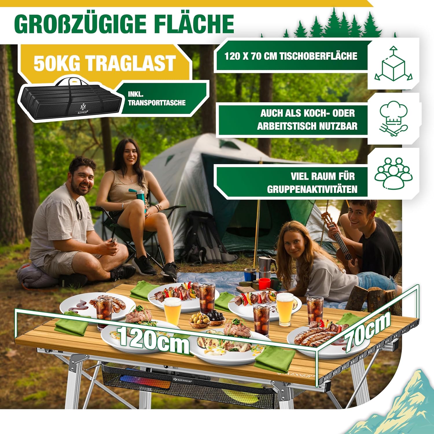 KESSER® Campingtisch faltbar Klapptisch mit Aluminiumrahmen Aufrollbare Tischplatte Falttisch klappbar Höhenverstellung 120x70cm - bis 100kg inkl. Tragetasche mit Trageband & Netztasche, Holz-Optik — Ansicht 2