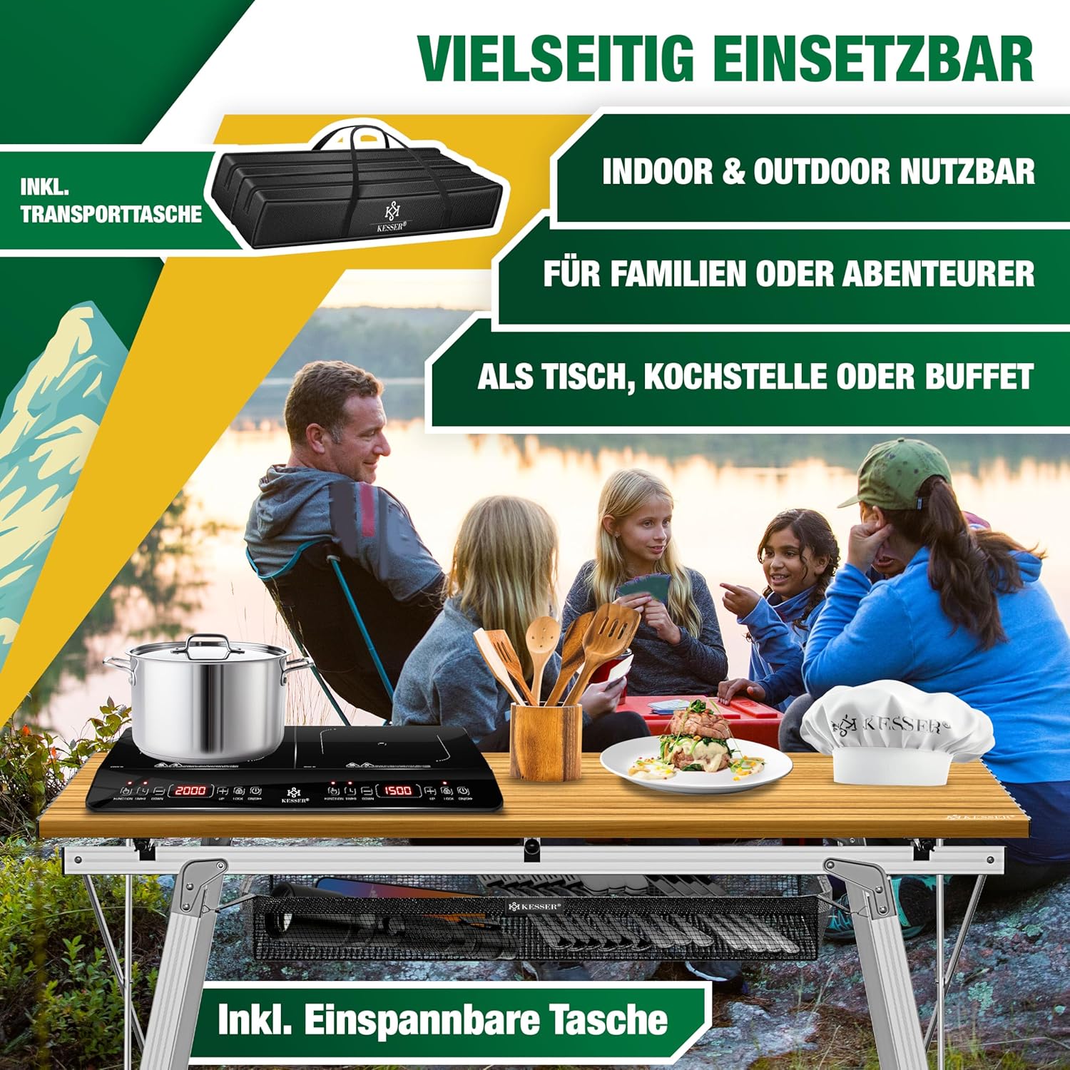 KESSER® Campingtisch faltbar Klapptisch mit Aluminiumrahmen Aufrollbare Tischplatte Falttisch klappbar Höhenverstellung 120x70cm - bis 100kg inkl. Tragetasche mit Trageband & Netztasche, Holz-Optik — Ansicht 3