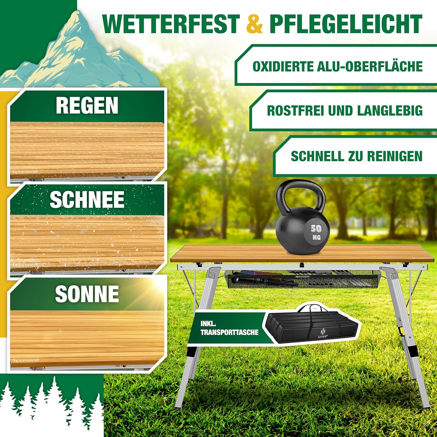 KESSER® Campingtisch faltbar Klapptisch mit Aluminiumrahmen Aufrollbare Tischplatte Falttisch klappbar Höhenverstellung 120x70cm - bis 100kg inkl. Tragetasche mit Trageband & Netztasche, Holz-Optik — Ansicht 4