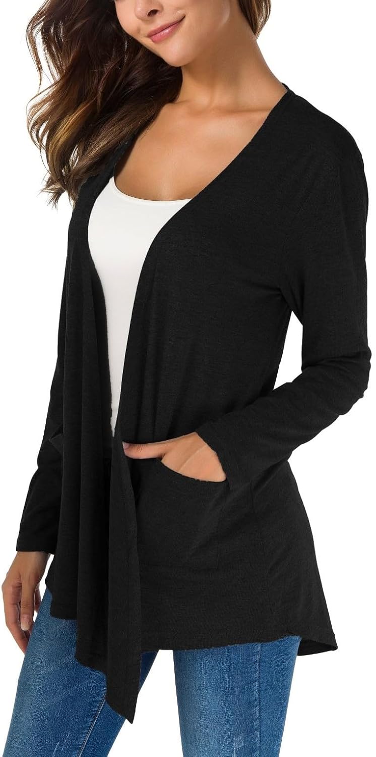 KESSER Casual Basic Lang Strickjacke Für Damen Hat Zwei Taschen Langarm Offene Vorderseite Schlanke Passform Modisch Und Vielseitig Cardigan Weich Und — Ansicht 3