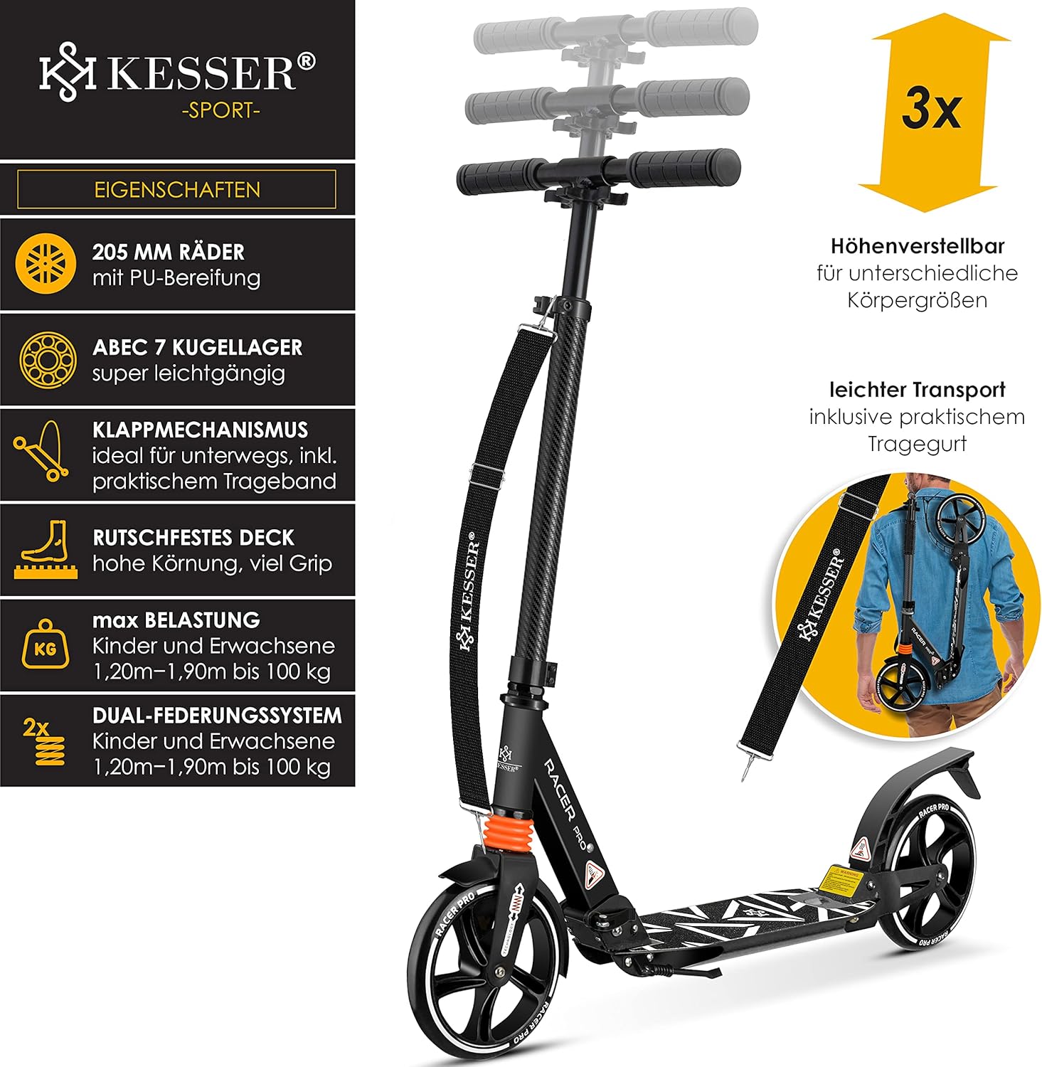 KESSER® Cityroller Scooter 205mm Räder PU Big Wheel - Pro-S Tretroller mit Doppel Federung, bis 100kg City-Roller klappbar und Höhenverstellbar Inkl. Gurt, Roller Kickscooter für Erwachsene und Kinder — Ansicht 2