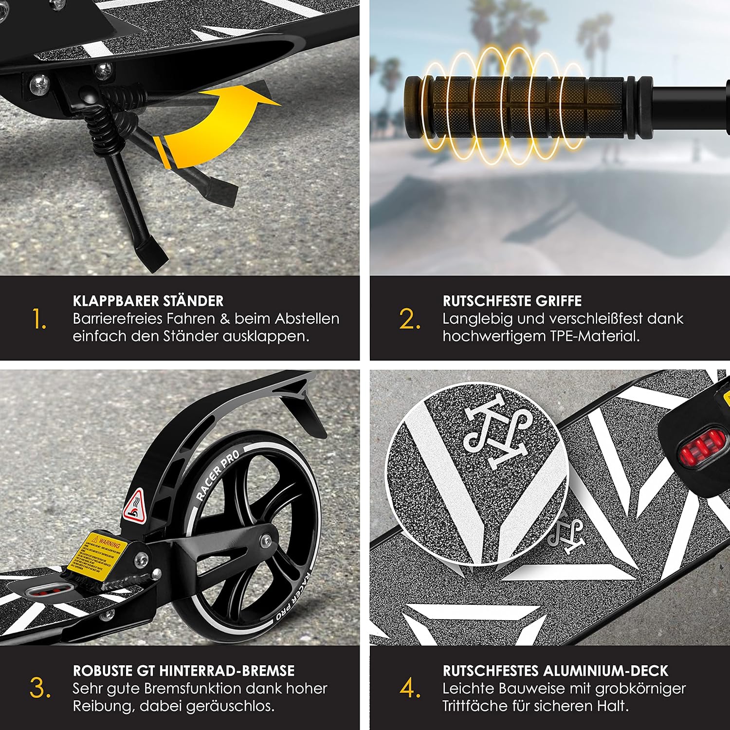 KESSER® Cityroller Scooter 205mm Räder PU Big Wheel - Pro-S Tretroller mit Doppel Federung, bis 100kg City-Roller klappbar und Höhenverstellbar Inkl. Gurt, Roller Kickscooter für Erwachsene und Kinder — Ansicht 3