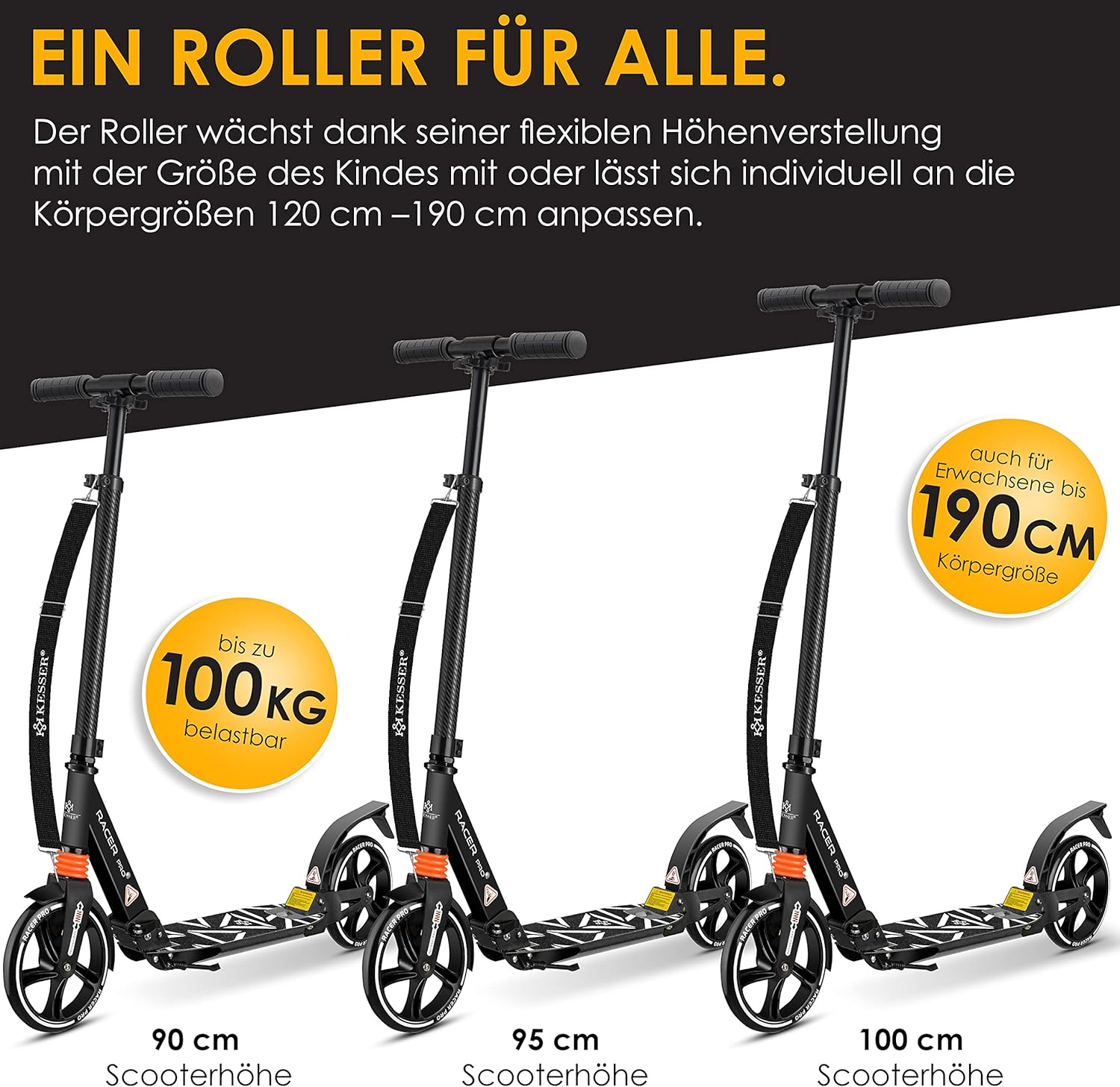 KESSER® Cityroller Scooter 205mm Räder PU Big Wheel - Pro-S Tretroller mit Doppel Federung, bis 100kg City-Roller klappbar und Höhenverstellbar Inkl. Gurt, Roller Kickscooter für Erwachsene und Kinder — Ansicht 5