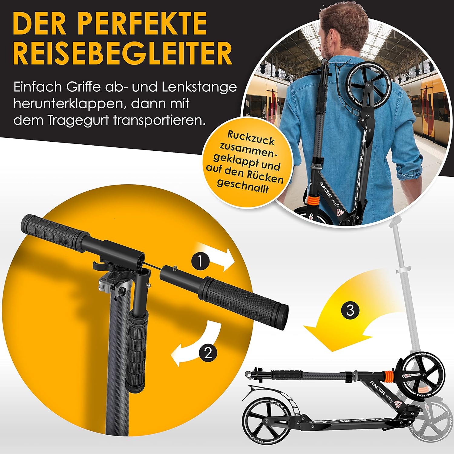 KESSER® Cityroller Scooter 205mm Räder PU Big Wheel - Pro-S Tretroller mit Doppel Federung, bis 100kg City-Roller klappbar und Höhenverstellbar Inkl. Gurt, Roller Kickscooter für Erwachsene und Kinder — Ansicht 6