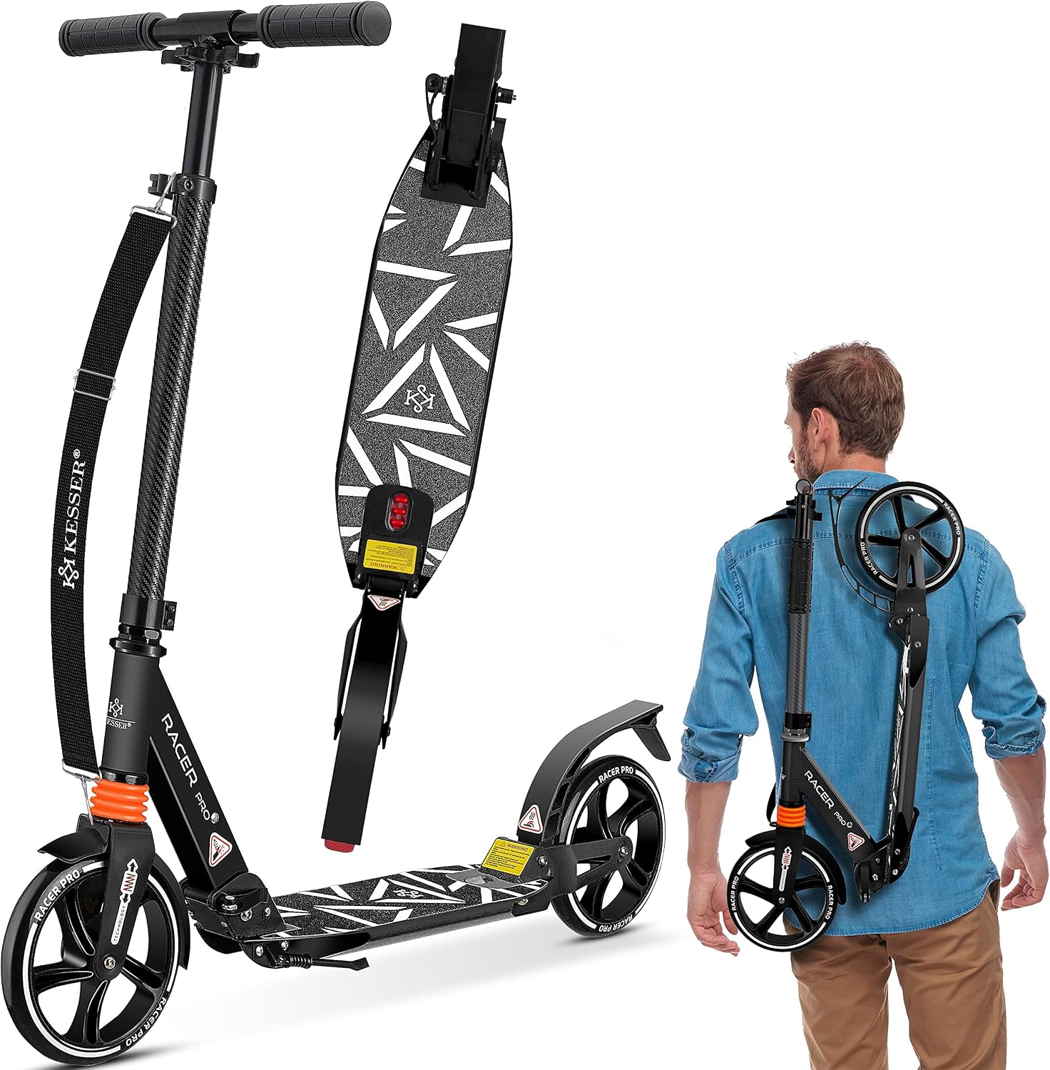 KESSER® Cityroller Scooter 205mm Räder PU Big Wheel - Pro-S Tretroller mit Doppel Federung, bis 100kg City-Roller klappbar und Höhenverstellbar Inkl. Gurt, Roller Kickscooter für Erwachsene und Kinder