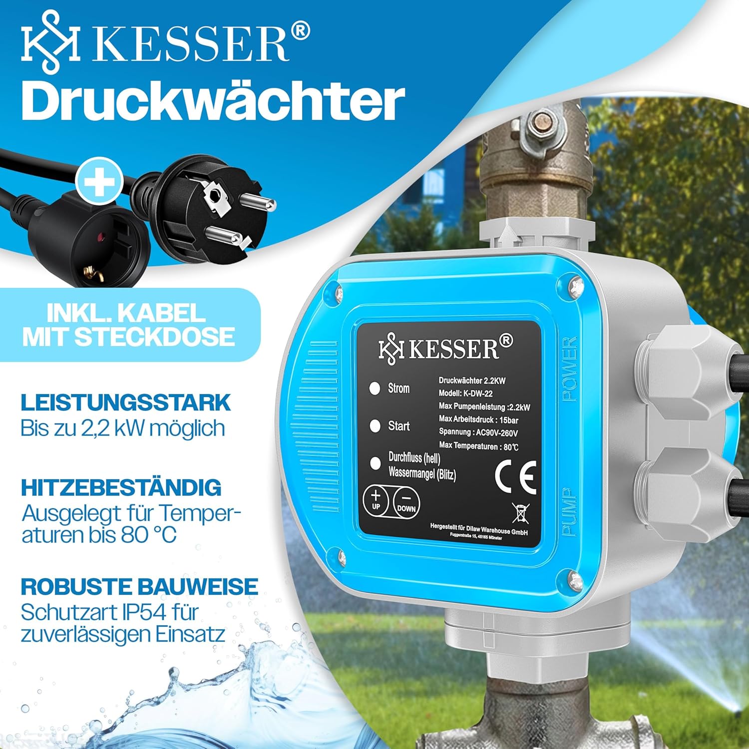 KESSER® Druckwächter Druckschalter | 15 bar Pumpensteuerung | Hauswasserwerk | Gartenbewässerung | Mit Kabel | konstanter Wasserdruck | Garten & Haus | automatisches Ein- und Ausschalten, Blau — Ansicht 2