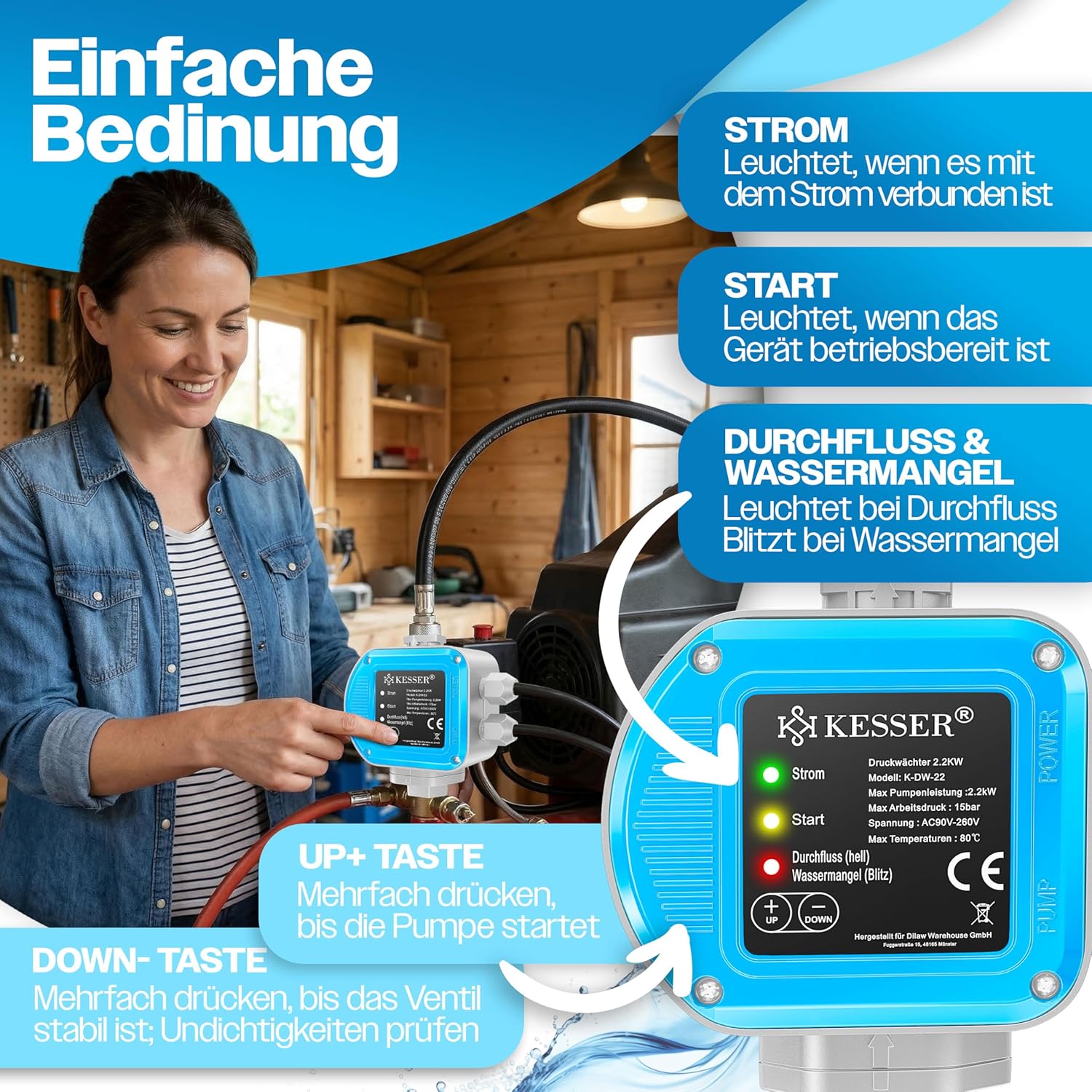 KESSER® Druckwächter Druckschalter | 15 bar Pumpensteuerung | Hauswasserwerk | Gartenbewässerung | Mit Kabel | konstanter Wasserdruck | Garten & Haus | automatisches Ein- und Ausschalten, Blau — Ansicht 3
