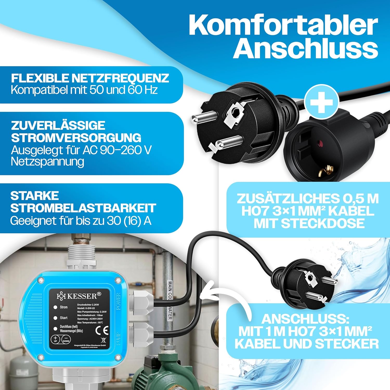 KESSER® Druckwächter Druckschalter | 15 bar Pumpensteuerung | Hauswasserwerk | Gartenbewässerung | Mit Kabel | konstanter Wasserdruck | Garten & Haus | automatisches Ein- und Ausschalten, Blau — Ansicht 4