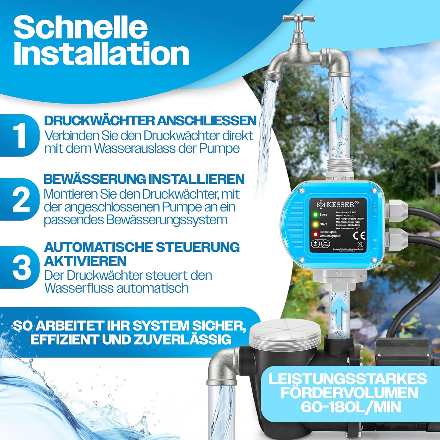 KESSER® Druckwächter Druckschalter | 15 bar Pumpensteuerung | Hauswasserwerk | Gartenbewässerung | Mit Kabel | konstanter Wasserdruck | Garten & Haus | automatisches Ein- und Ausschalten, Blau — Ansicht 5