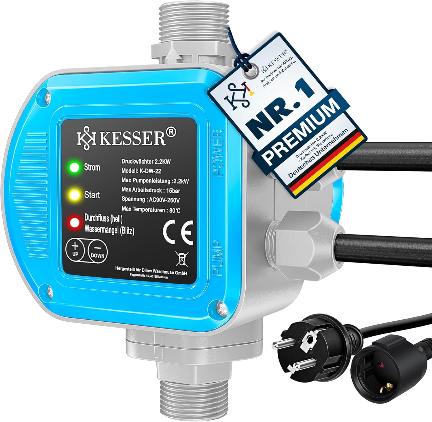 KESSER® Druckwächter Druckschalter | 15 bar Pumpensteuerung | Hauswasserwerk | Gartenbewässerung | Mit Kabel | konstanter Wasserdruck | Garten & Haus | automatisches Ein- und Ausschalten, Blau