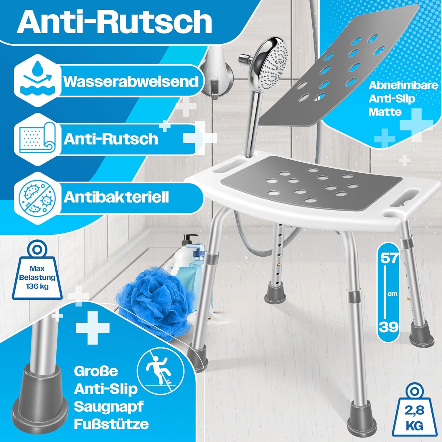 KESSER® Duschhocker höhenverstellbar | Leichter Badhocker rutschfeste Gummifüße Duschstuhl 136KG belastbar | Duschhilfe Senioren | Saugnapf Haltegriff Badewannengriff | Duschsitz mit Brausehalterung — Ansicht 2