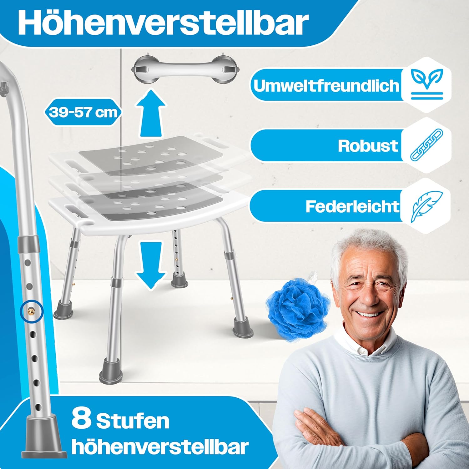 KESSER® Duschhocker höhenverstellbar | Leichter Badhocker rutschfeste Gummifüße Duschstuhl 136KG belastbar | Duschhilfe Senioren | Saugnapf Haltegriff Badewannengriff | Duschsitz mit Brausehalterung — Ansicht 3