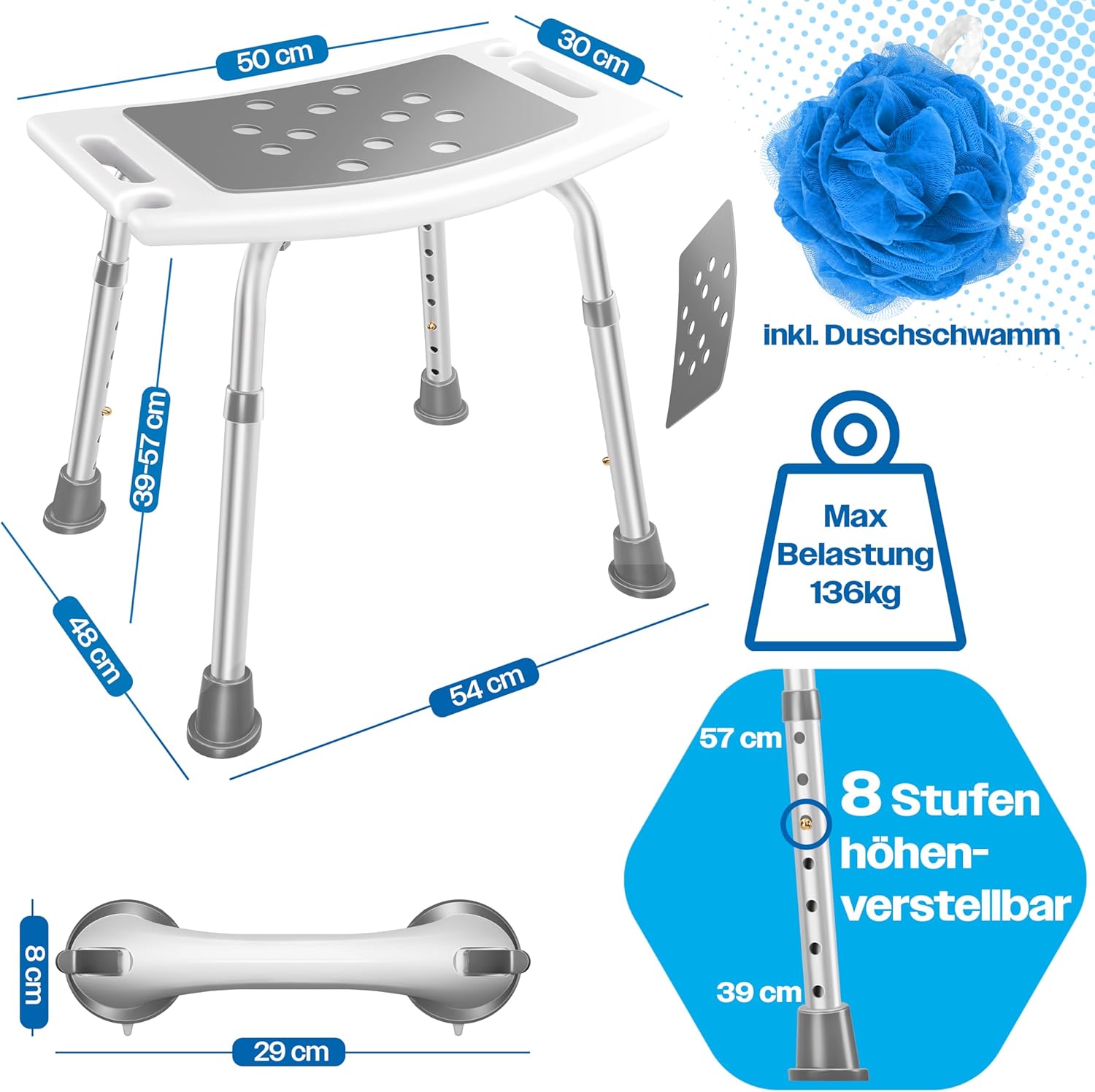 KESSER® Duschhocker höhenverstellbar | Leichter Badhocker rutschfeste Gummifüße Duschstuhl 136KG belastbar | Duschhilfe Senioren | Saugnapf Haltegriff Badewannengriff | Duschsitz mit Brausehalterung — Ansicht 4