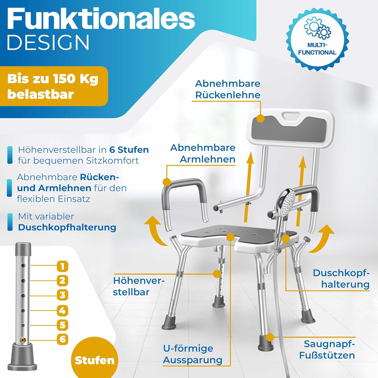 KESSER® Duschhocker mit Lehne für Senioren & Schwangere Duschsitz | Badhocker 150KG belastbar 6 Stufen 38-54cm höhenverstellbar | Duschhilfe Duschstuhl — Ansicht 4
