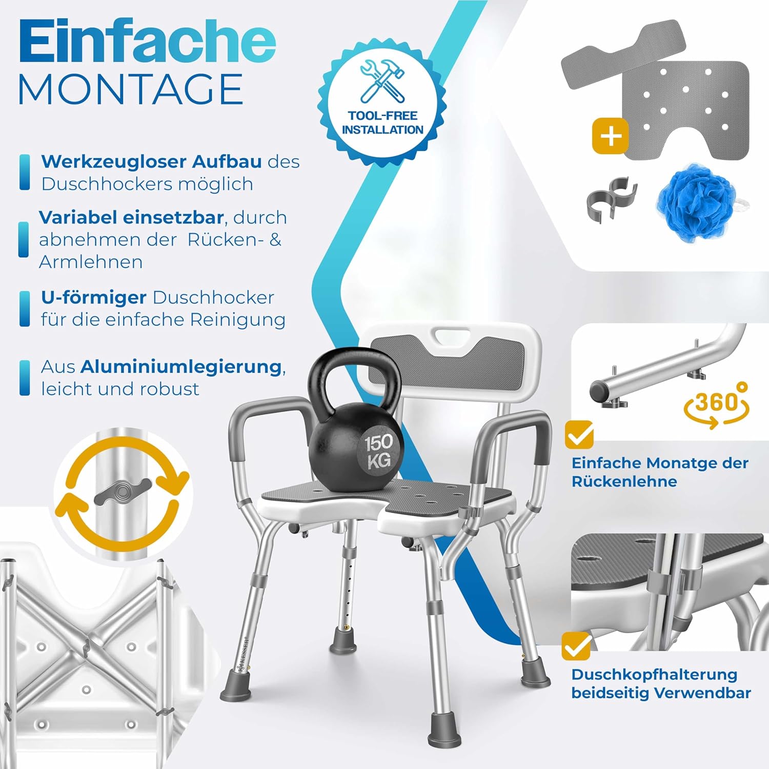 KESSER® Duschhocker mit Lehne für Senioren & Schwangere Duschsitz | Badhocker 150KG belastbar 6 Stufen 38-54cm höhenverstellbar | Duschhilfe Duschstuhl — Ansicht 5