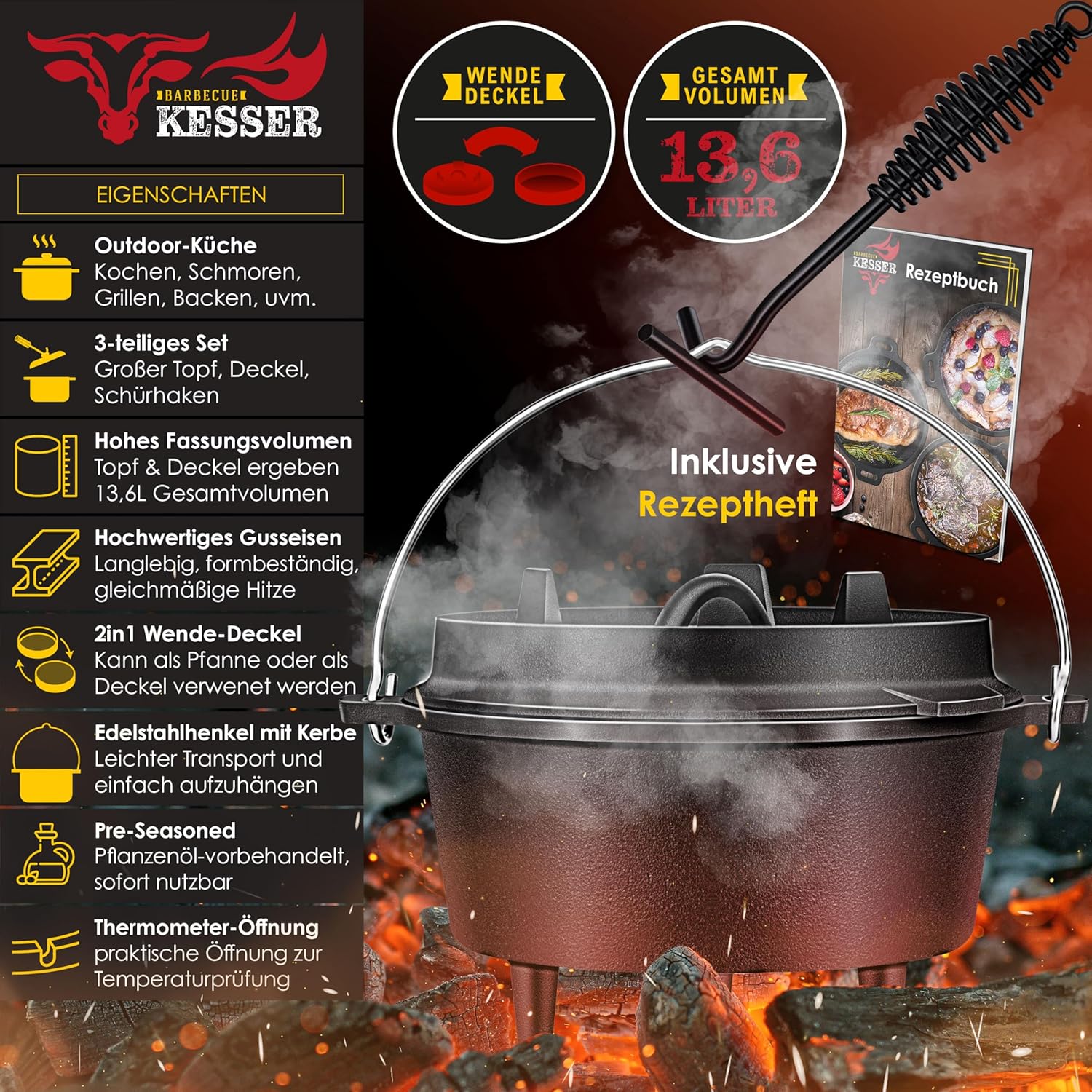 KESSER® Dutch Oven Set BBQ 13,6 Liter Feuertopf Schmortopf, Gusseisen Topf mit Deckelheber Henkel und Schlitz für Themormeter, kochkessel Grilltopf Gulaschkessel für Oudoor & Indoor — Ansicht 2