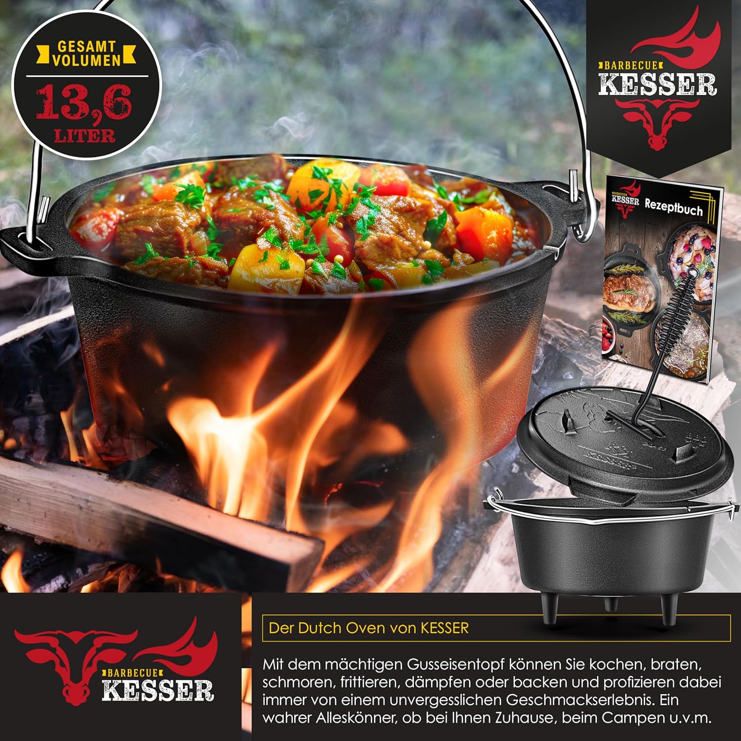 KESSER® Dutch Oven Set BBQ 13,6 Liter Feuertopf Schmortopf, Gusseisen Topf mit Deckelheber Henkel und Schlitz für Themormeter, kochkessel Grilltopf Gulaschkessel für Oudoor & Indoor — Ansicht 3