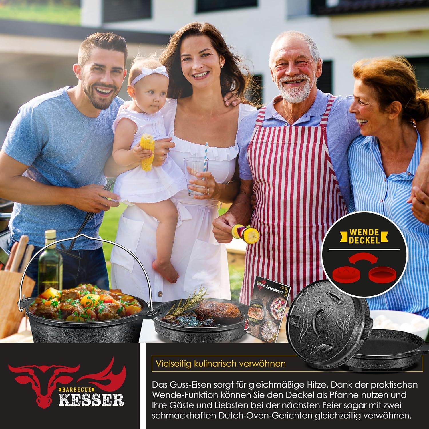 KESSER® Dutch Oven Set BBQ 13,6 Liter Feuertopf Schmortopf, Gusseisen Topf mit Deckelheber Henkel und Schlitz für Themormeter, kochkessel Grilltopf Gulaschkessel für Oudoor & Indoor — Ansicht 4