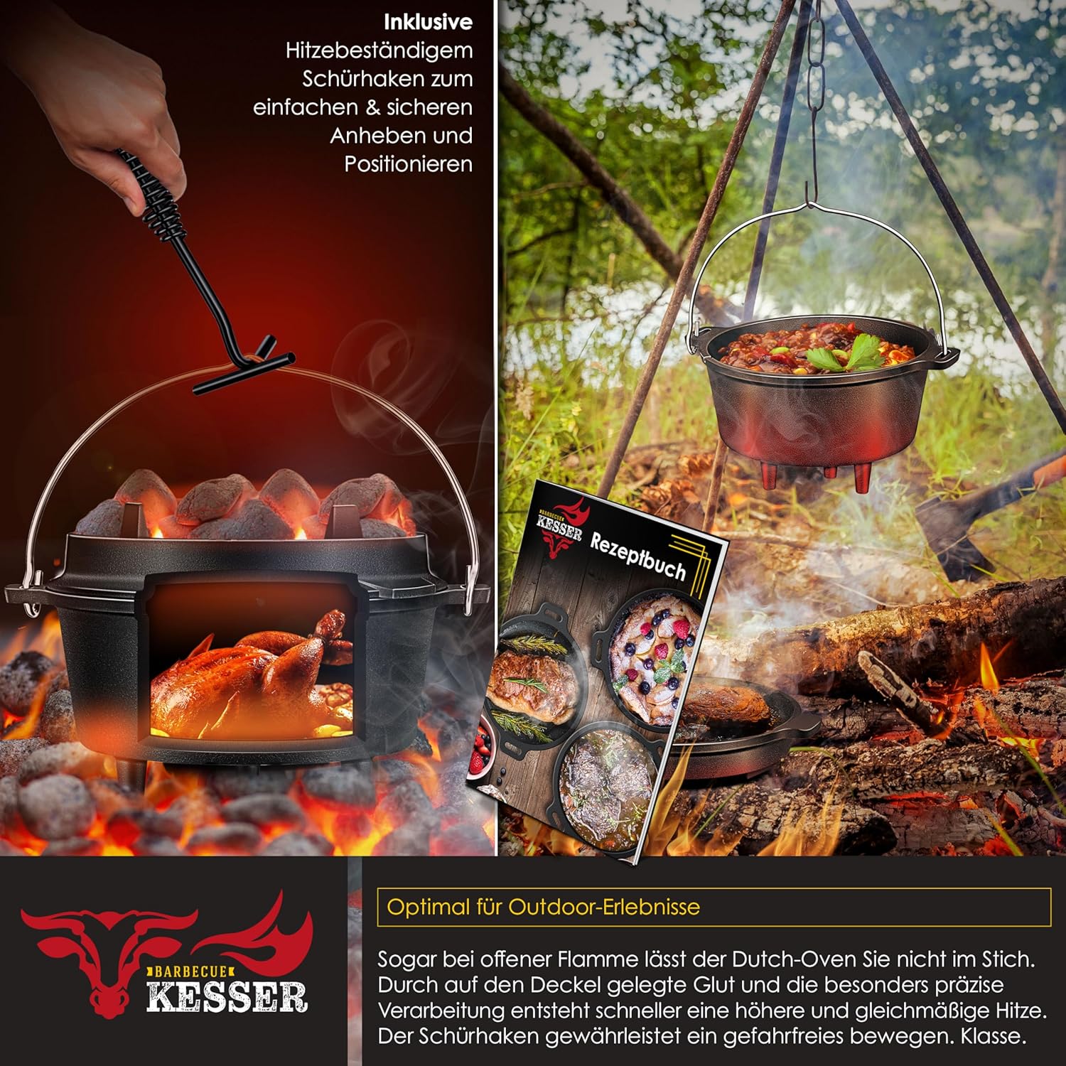 KESSER® Dutch Oven Set BBQ 13,6 Liter Feuertopf Schmortopf, Gusseisen Topf mit Deckelheber Henkel und Schlitz für Themormeter, kochkessel Grilltopf Gulaschkessel für Oudoor & Indoor — Ansicht 5