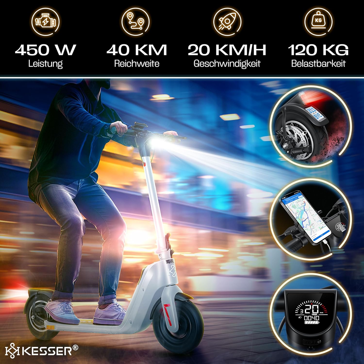KESSER E-Scooter mit Straßenzulassung 40km Reichweite Faltbarer Elektro 36V / 10 Ah Batterie Roller Belastung bis 120kg 450W Motor 10' Reifen LCD-Display und universelle Smartphonehalterung — Ansicht 2