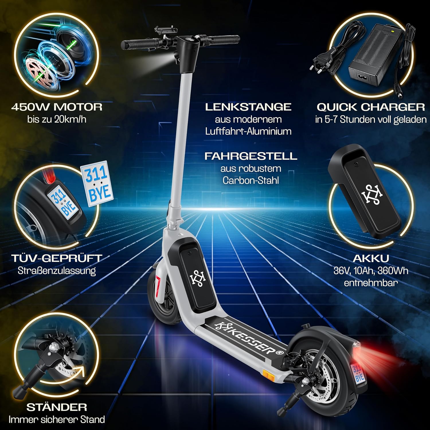 KESSER E-Scooter mit Straßenzulassung 40km Reichweite Faltbarer Elektro 36V / 10 Ah Batterie Roller Belastung bis 120kg 450W Motor 10' Reifen LCD-Display und universelle Smartphonehalterung — Ansicht 3