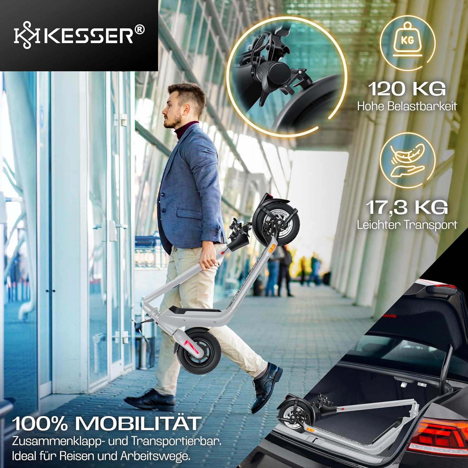 KESSER E-Scooter mit Straßenzulassung 40km Reichweite Faltbarer Elektro 36V / 10 Ah Batterie Roller Belastung bis 120kg 450W Motor 10' Reifen LCD-Display und universelle Smartphonehalterung — Ansicht 4