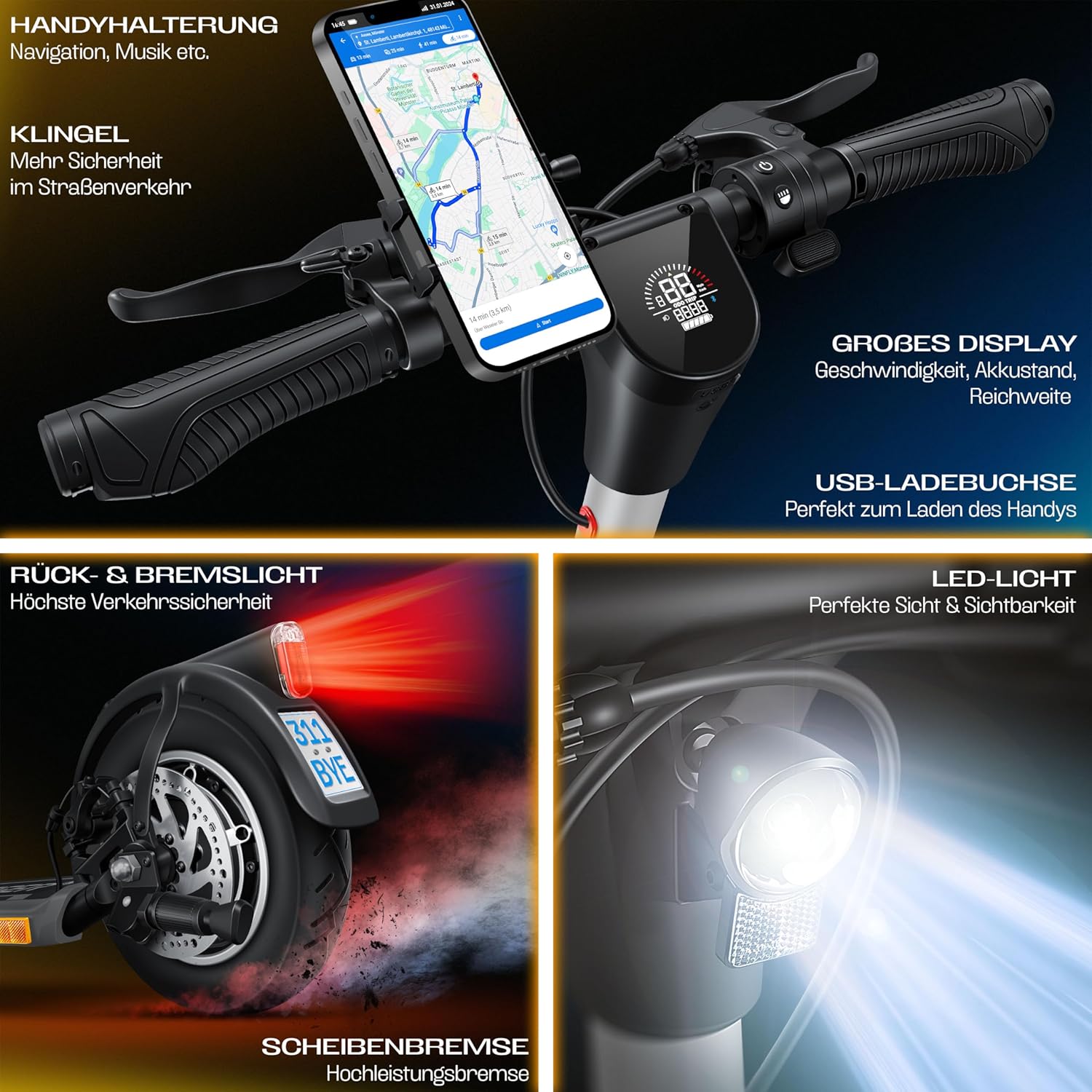 KESSER E-Scooter mit Straßenzulassung 40km Reichweite Faltbarer Elektro 36V / 10 Ah Batterie Roller Belastung bis 120kg 450W Motor 10' Reifen LCD-Display und universelle Smartphonehalterung — Ansicht 5