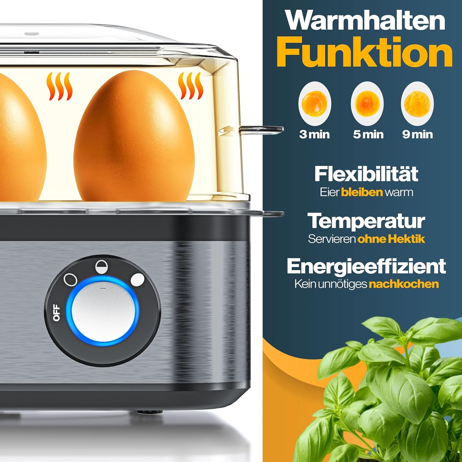 KESSER® Eierkocher für 1 bis 8 Eier elektrisch aus Edelstahl 500W & Warmhaltefunktion | LED-Drehschalter drei Härtegrade | BPA-Frei & Spülmaschinenfest | Messbecher, Eierhalter & Omlettschale Anthra — Ansicht 3