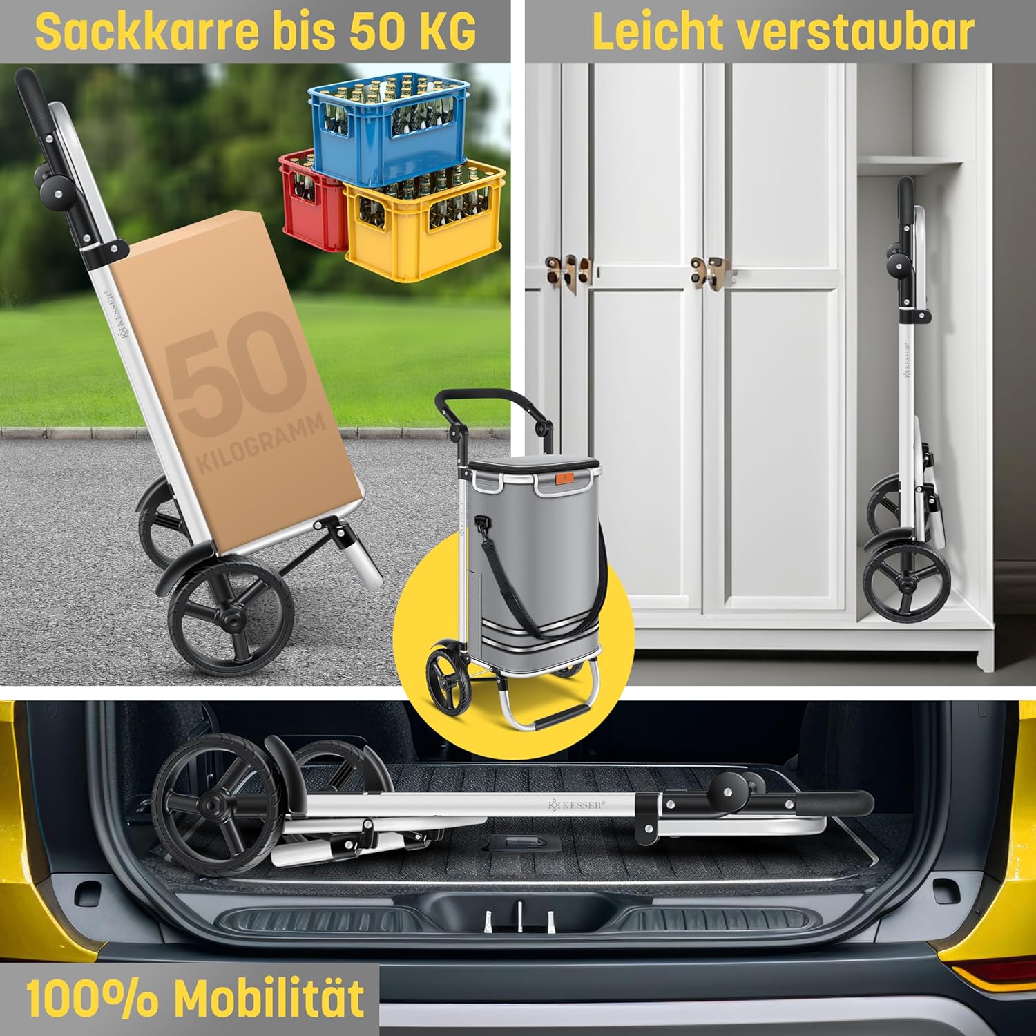 KESSER® Einkaufstrolley klappbar mit 56L Kapazität und belastbar bis 50kg | 3in1 Trolley Sackkarre & Umhängetasche | Faltbarer Einkaufswagen inkl. Kühlfach & Einkaufschip | Treppensteiger Grau — Ansicht 3