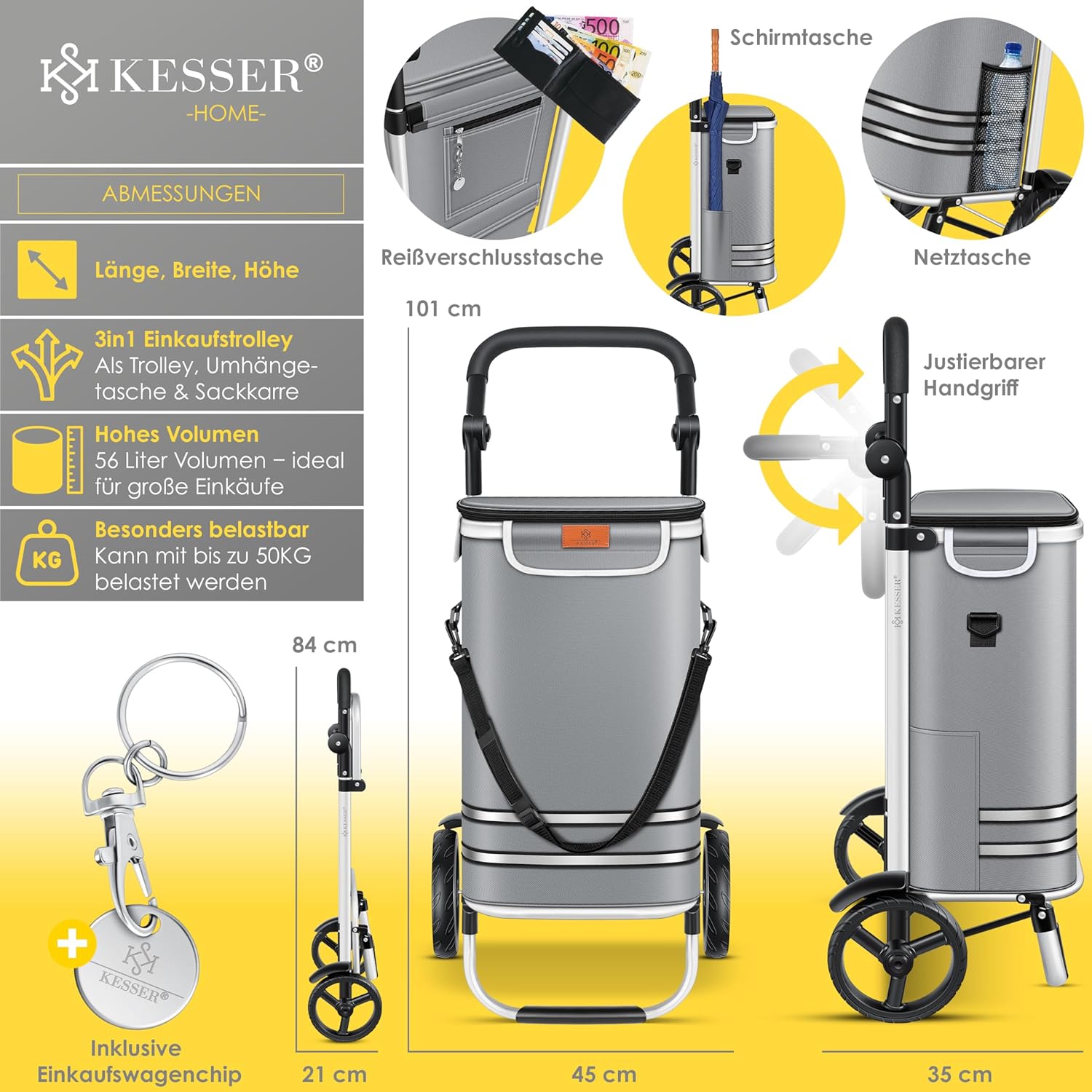 KESSER® Einkaufstrolley klappbar mit 56L Kapazität und belastbar bis 50kg | 3in1 Trolley Sackkarre & Umhängetasche | Faltbarer Einkaufswagen inkl. Kühlfach & Einkaufschip | Treppensteiger Grau — Ansicht 5